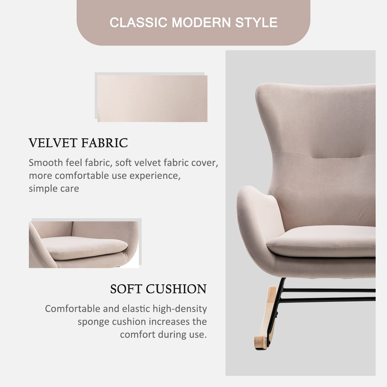 Modern Rocking Glider Chair for Nursery - High Back Support & Padded Armrests - Plush Upholstered Accent Chair for Living Room, Bedroom (Beige) | Perfect for Breastfeeding, Reading Nook & Nursery Decor