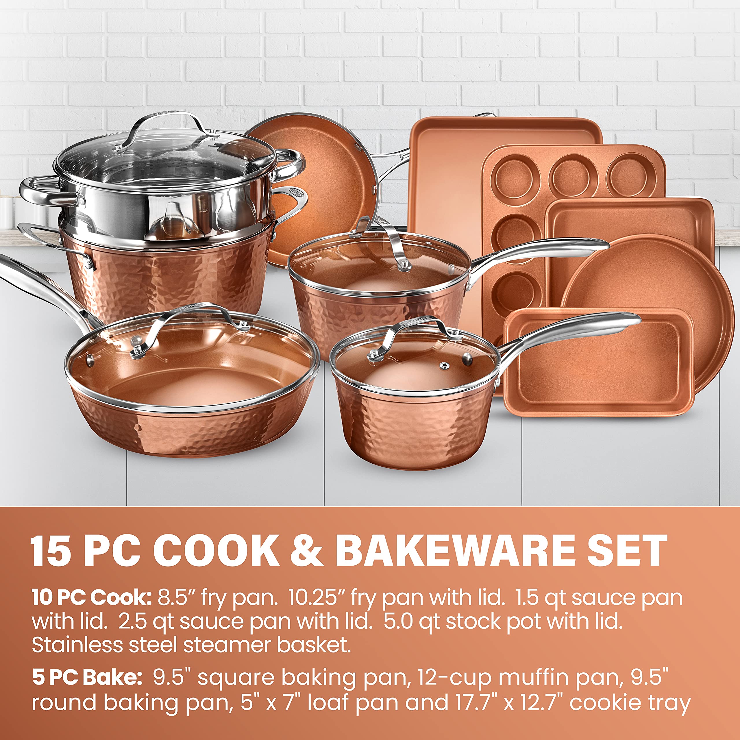 Gotham Steel Hammered Copper 15-Piece Premium Cookware & Bakeware Set with 10-Piece Ceramic Pots and Pans - Nonstick Kitchen Essentials for Baking, Frying & Cooking - Perfect for Home Chefs & Professional Kitchens