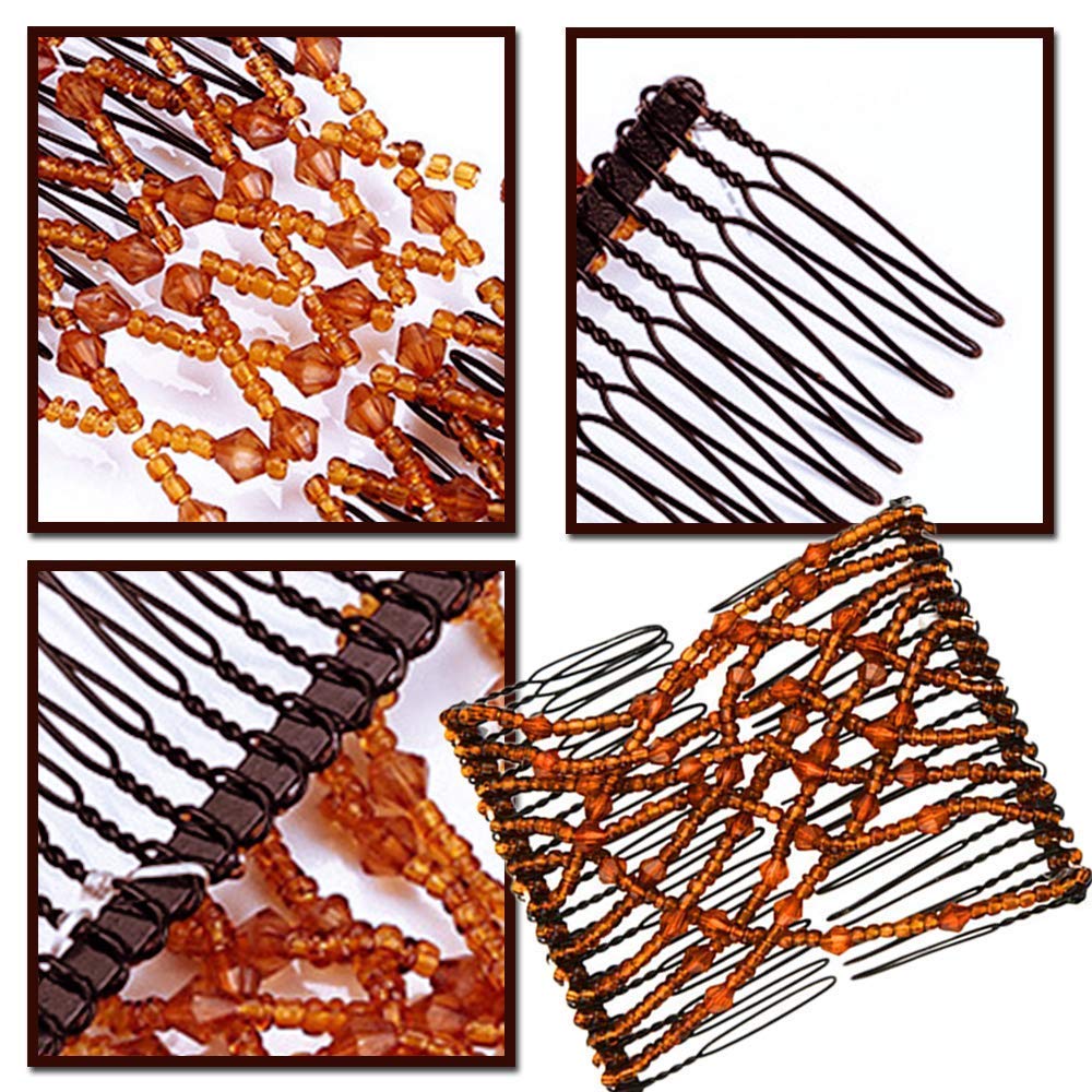 3 Pcs Crystal Bead Hair Combs - Magic Elastic Hair Clips & Stretchy Hair Barrettes for Women - Double Hair Claw Clips Set - Perfect for Updos, Ponytails & Everyday Styling