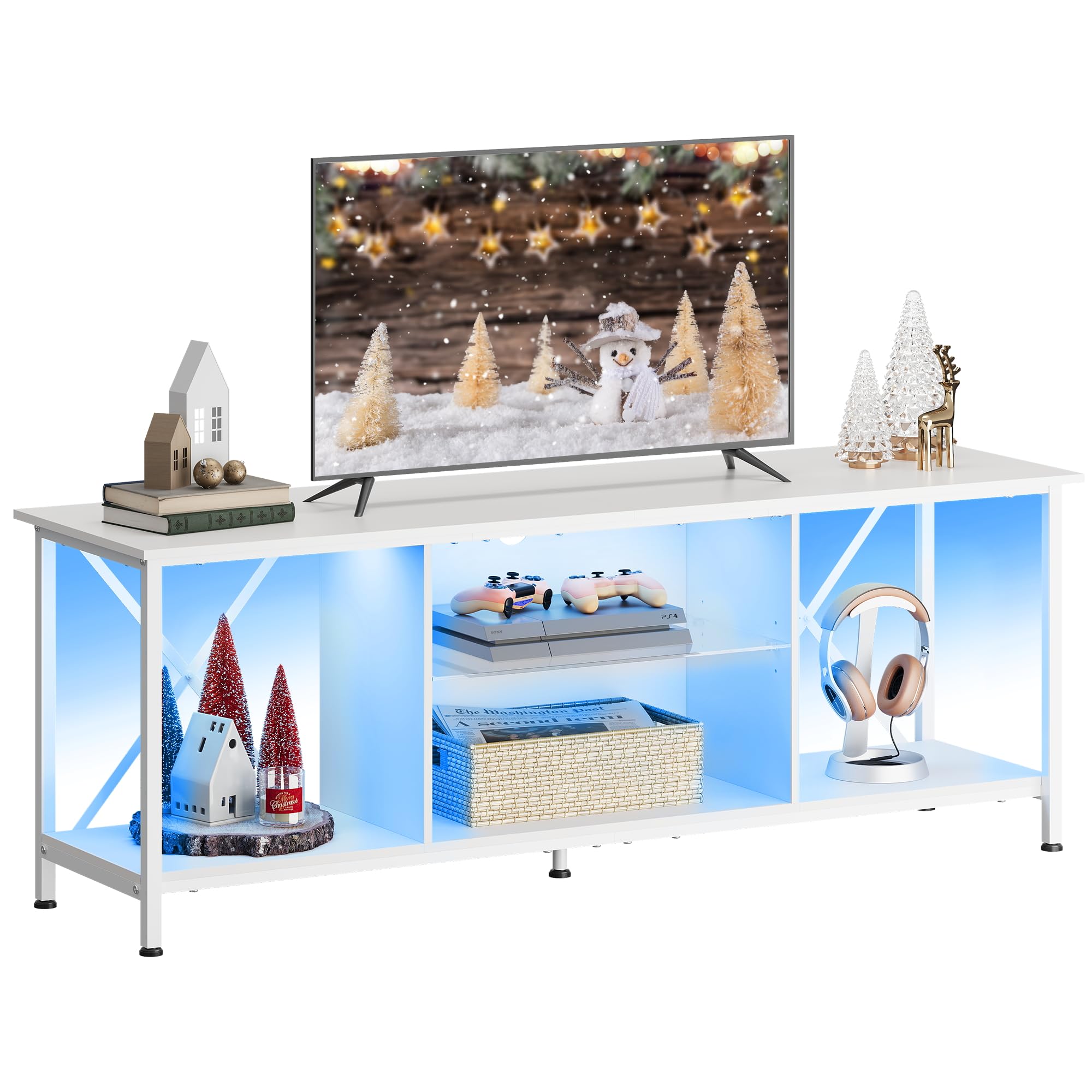 **WLIVE 65 Inch TV Stand with LED Lights, Industrial TV Console with Glass Shelves for Living Room & Bedroom - Modern Entertainment Center for 55-65 Inch TVs (White) - Perfect for Home Theater & Stylish Decor**
