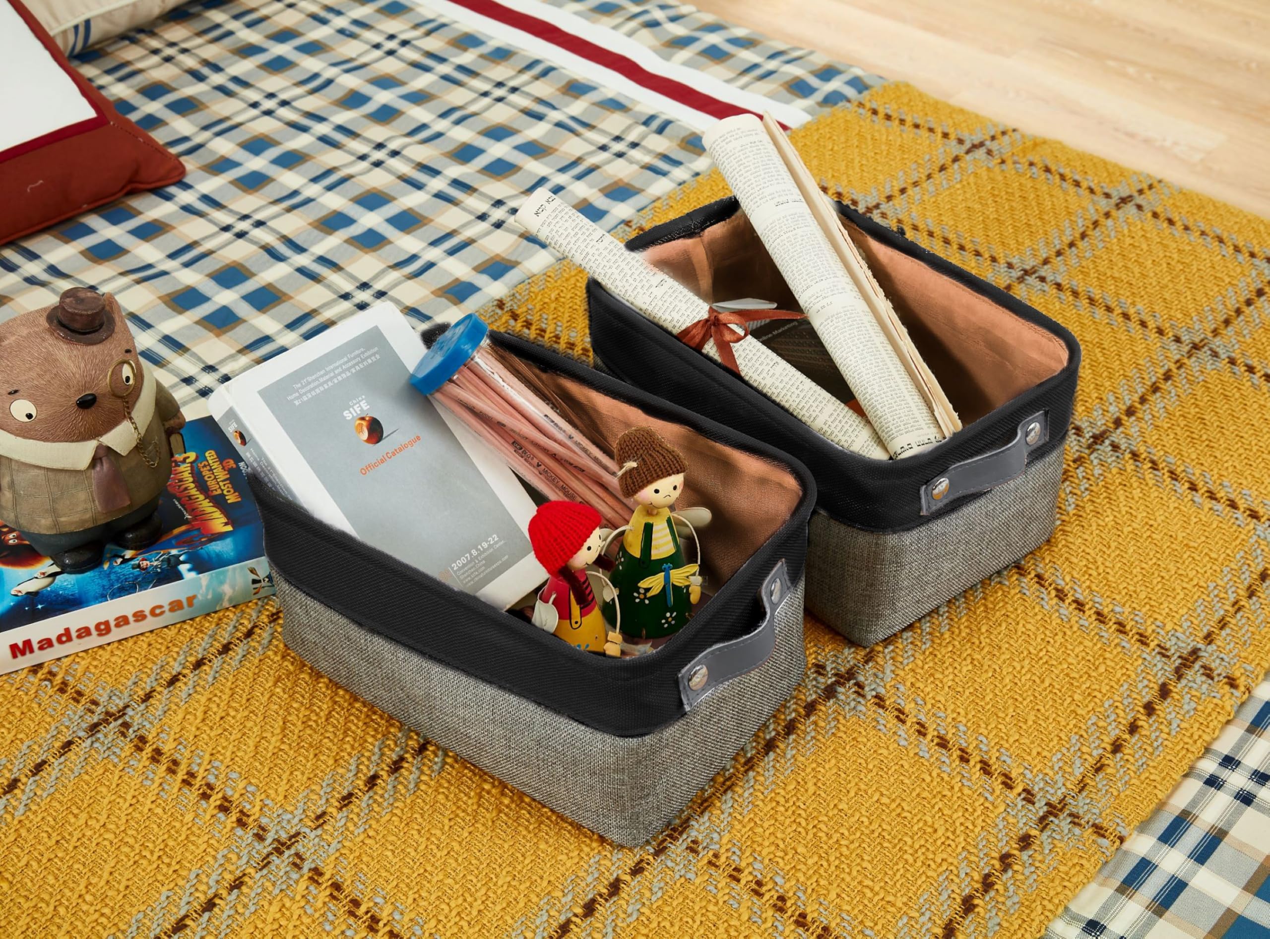 DECOMOMO Small Storage Baskets 6-Pack - Grey & Black Closet Organizer Bins for Shelves, Bathroom, Kids Room & Office Organization - Space Saving Home Storage Solutions