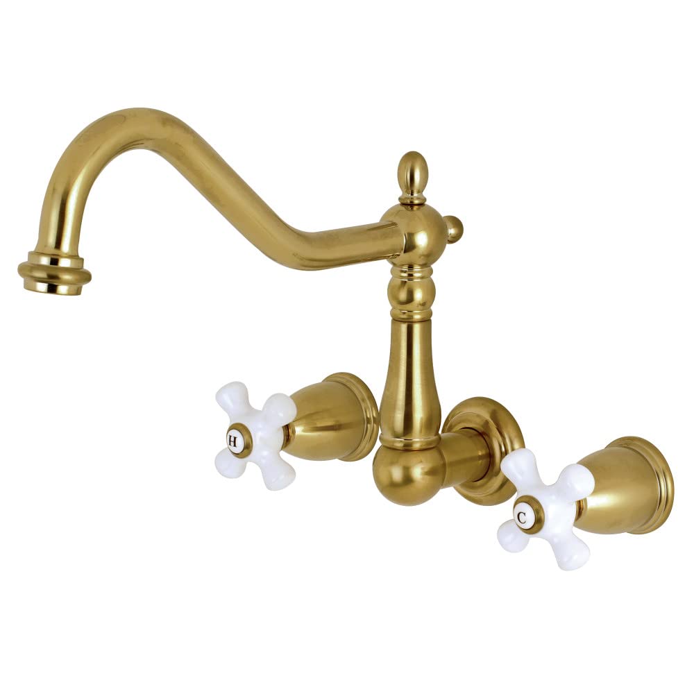 Kingston Brass KS1287PX Brushed Brass Wall Mount Kitchen Faucet - Modern Pull-Down Sprayer for Farmhouse & Commercial Kitchens