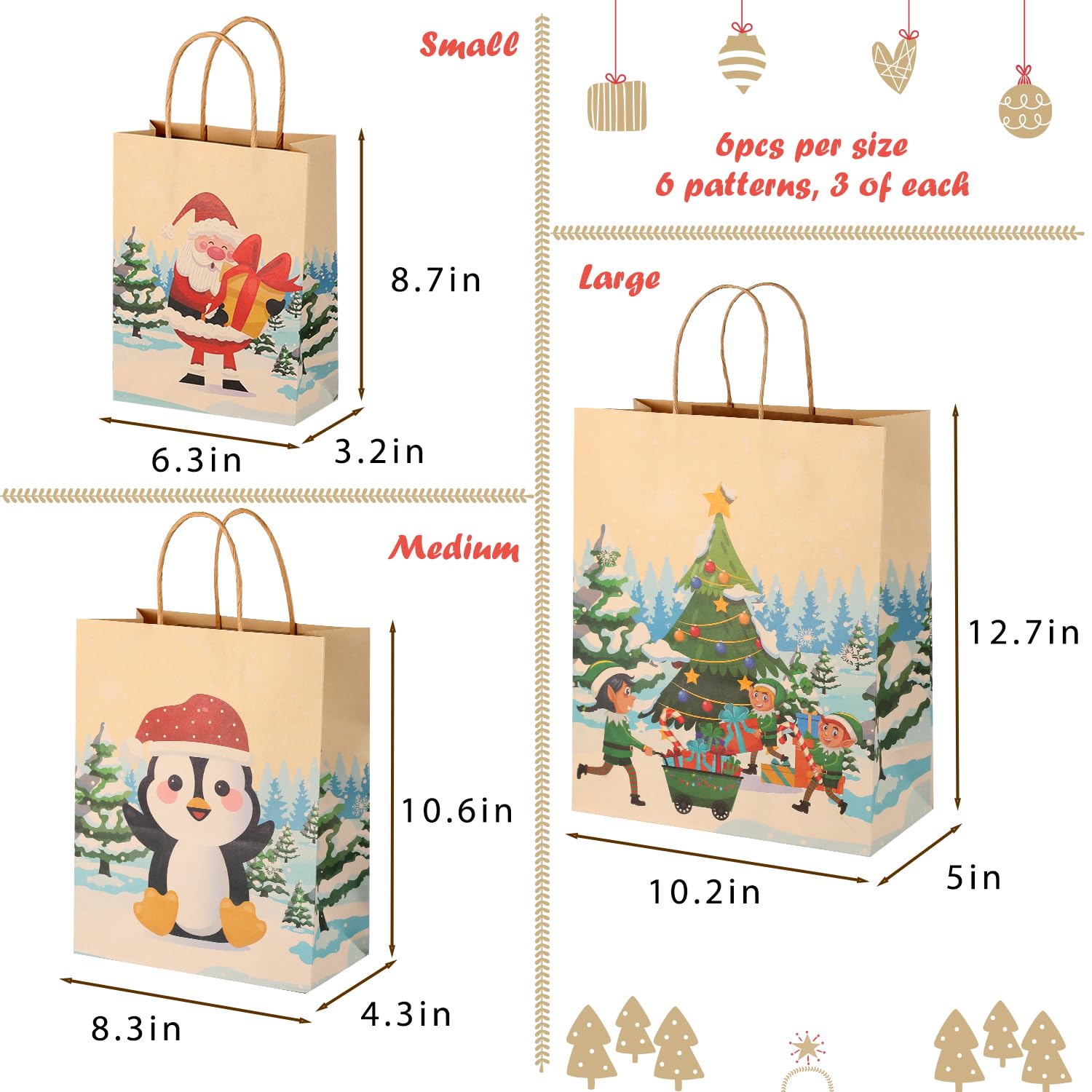 ASOEMERZ 18 Pack Christmas Kraft Gift Bags with Tissue Paper - 6 Festive Designs for Holiday Gifts, Party Favors & Xmas Treats - Perfect for Christmas Parties, Gift Exchanges & Holiday Celebrations