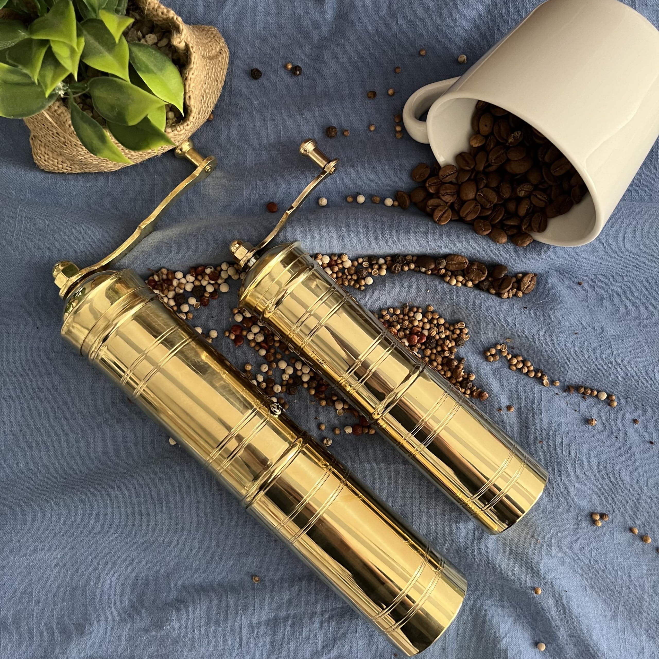 Premium Set of 2 Turkish Brass Coffee Grinders - Hand Crank Manual Coffee Mill with Ergonomic Handle & Fixed Top - Perfect for Espresso, Turkish Coffee & Spice Grinding - Ideal for Home Kitchen, Coffee Shop & Camping Use