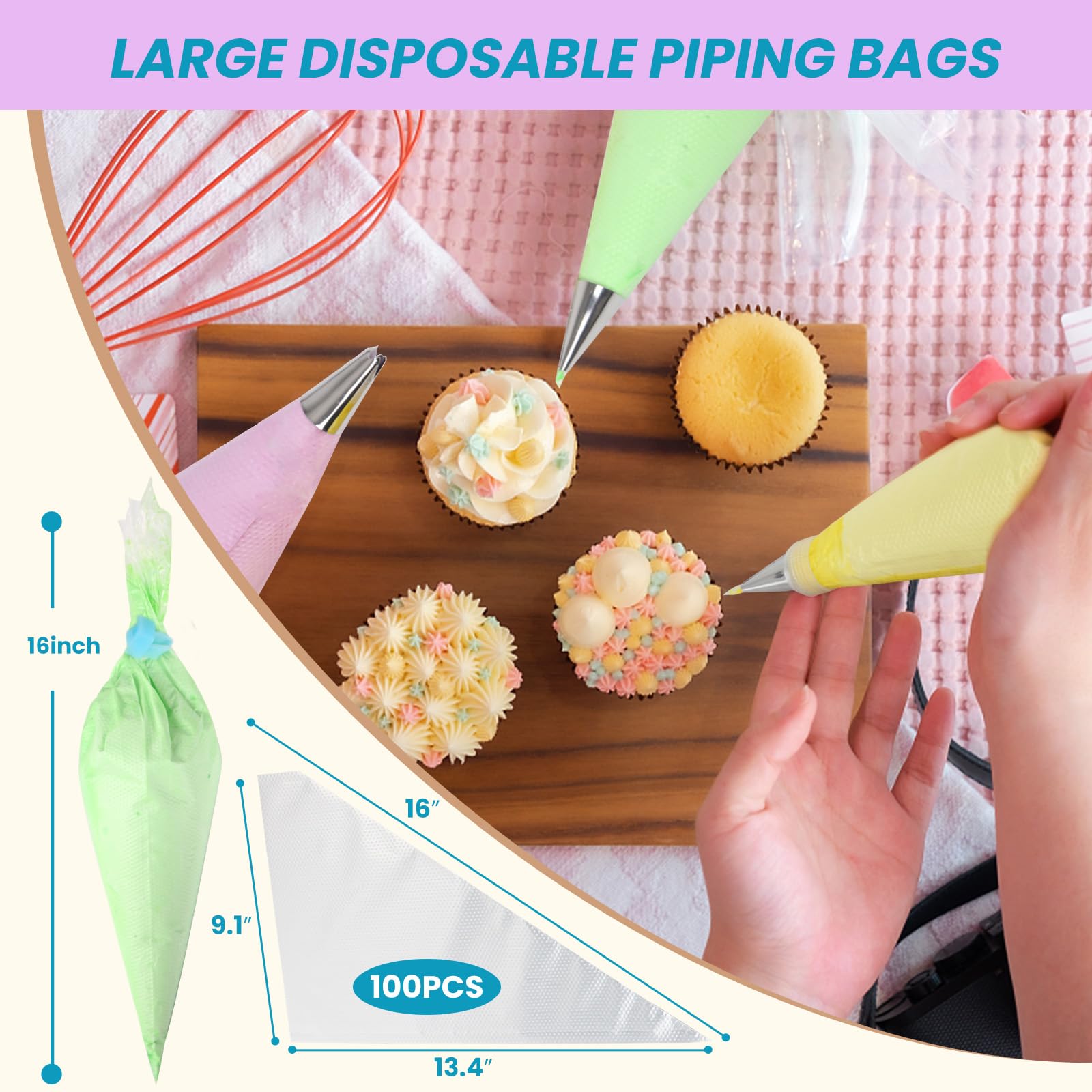 Firstake 16 Inch Disposable Piping Bags - 100 Pack Thickened Pastry Bags for Cake Decorating, Frosting, Cupcakes & Baking | Large Icing Bags for Professional & Home Bakers