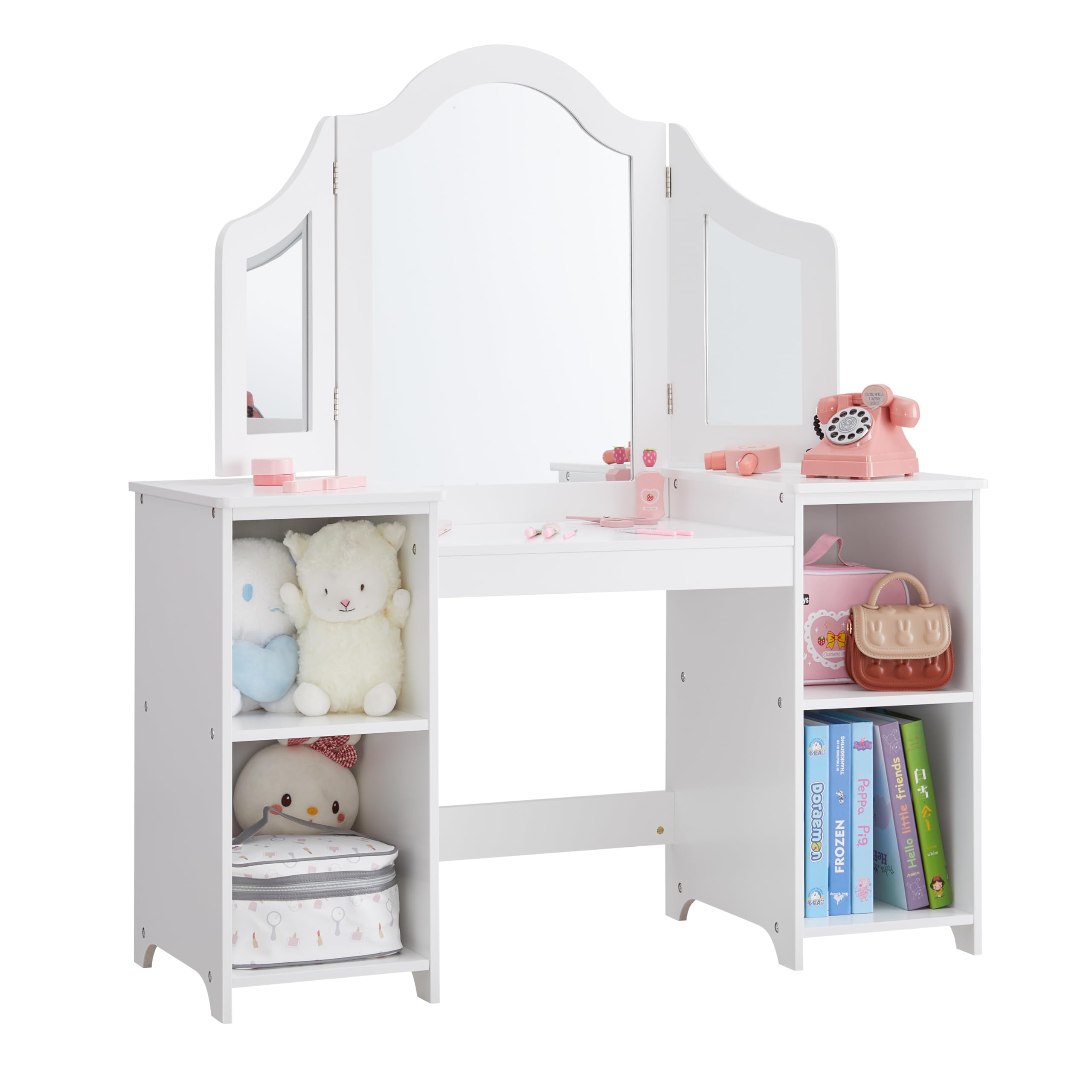 2 in 1 Kids Vanity Set - Princess Makeup Table with Open Storage & Detachable Tri-fold Mirror for Girls Ages 3-9 | Pretend Play Dress Up Station for Bedroom, Birthday Gift (White)