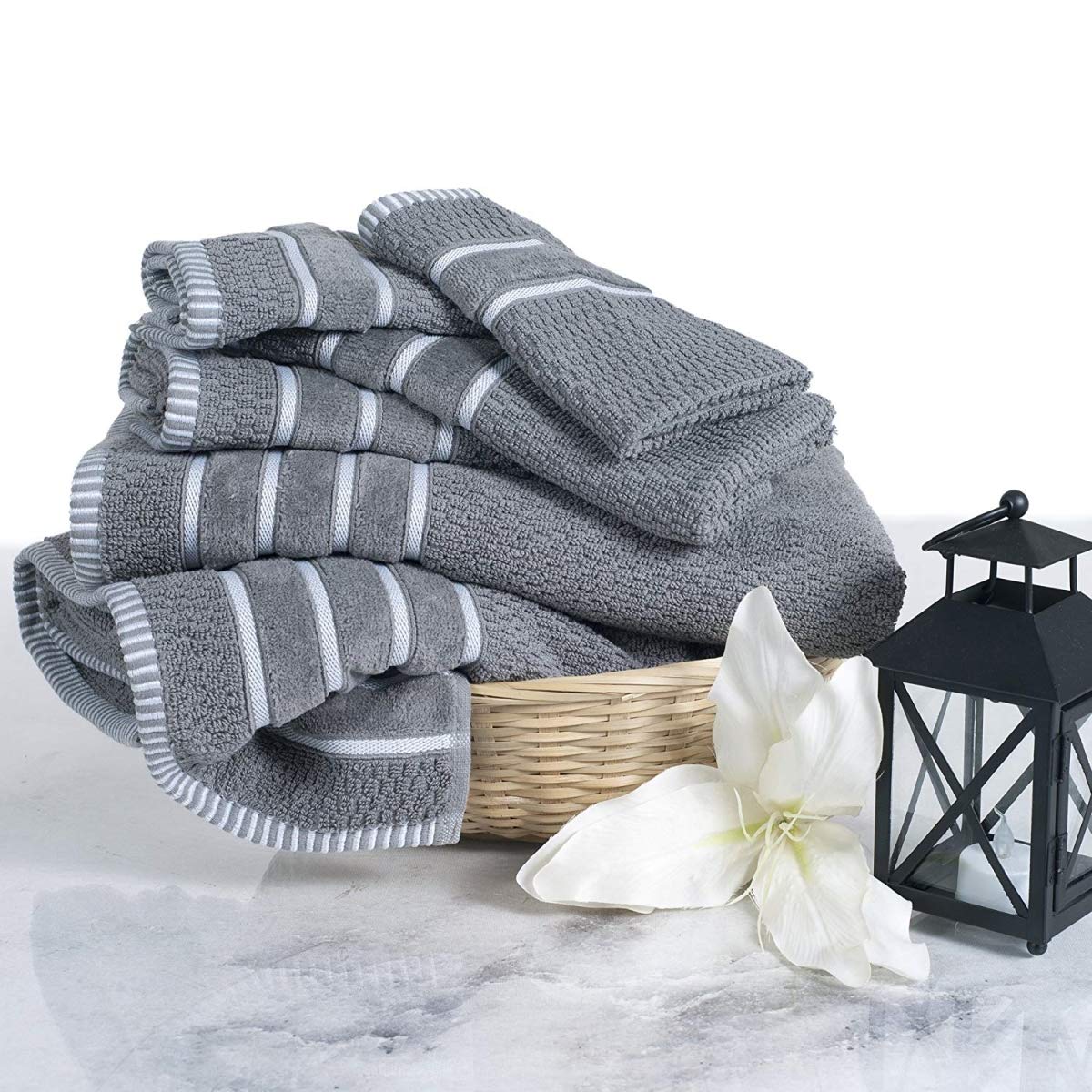 Bedford Home 100% Cotton Rice Weave 6-Piece Towel Set - Silver | Soft & Absorbent Bath Towels for Spa, Bathroom & Guest Use
