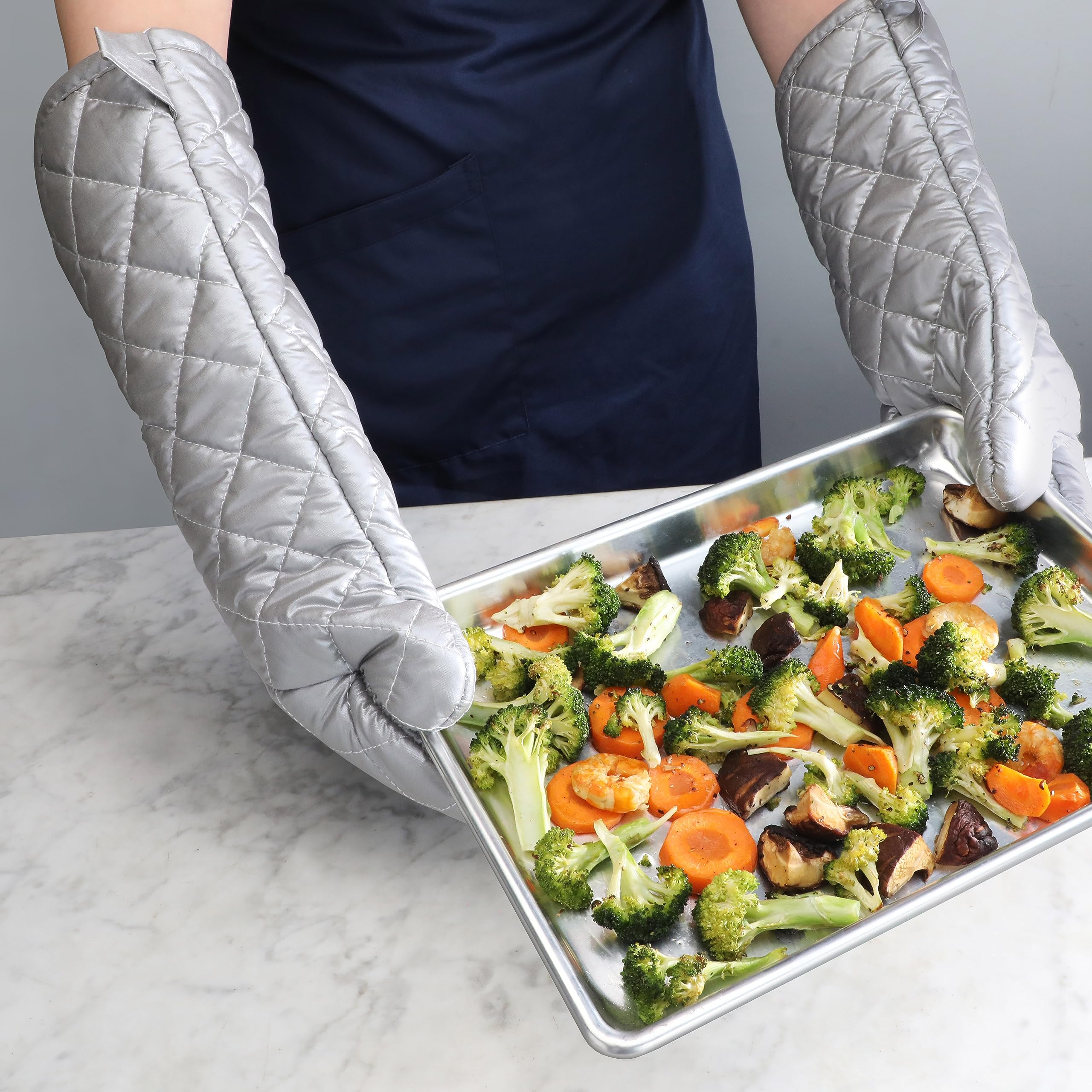 Premium Heat-Resistant Oven Mitts Set of 2 - 15-Inch Silver Interwoven Cloth & Silicone Gloves - Up to 400°F Protection for Baking, Grilling, Cooking - Ideal for Kitchen, BBQ & Food Service Use