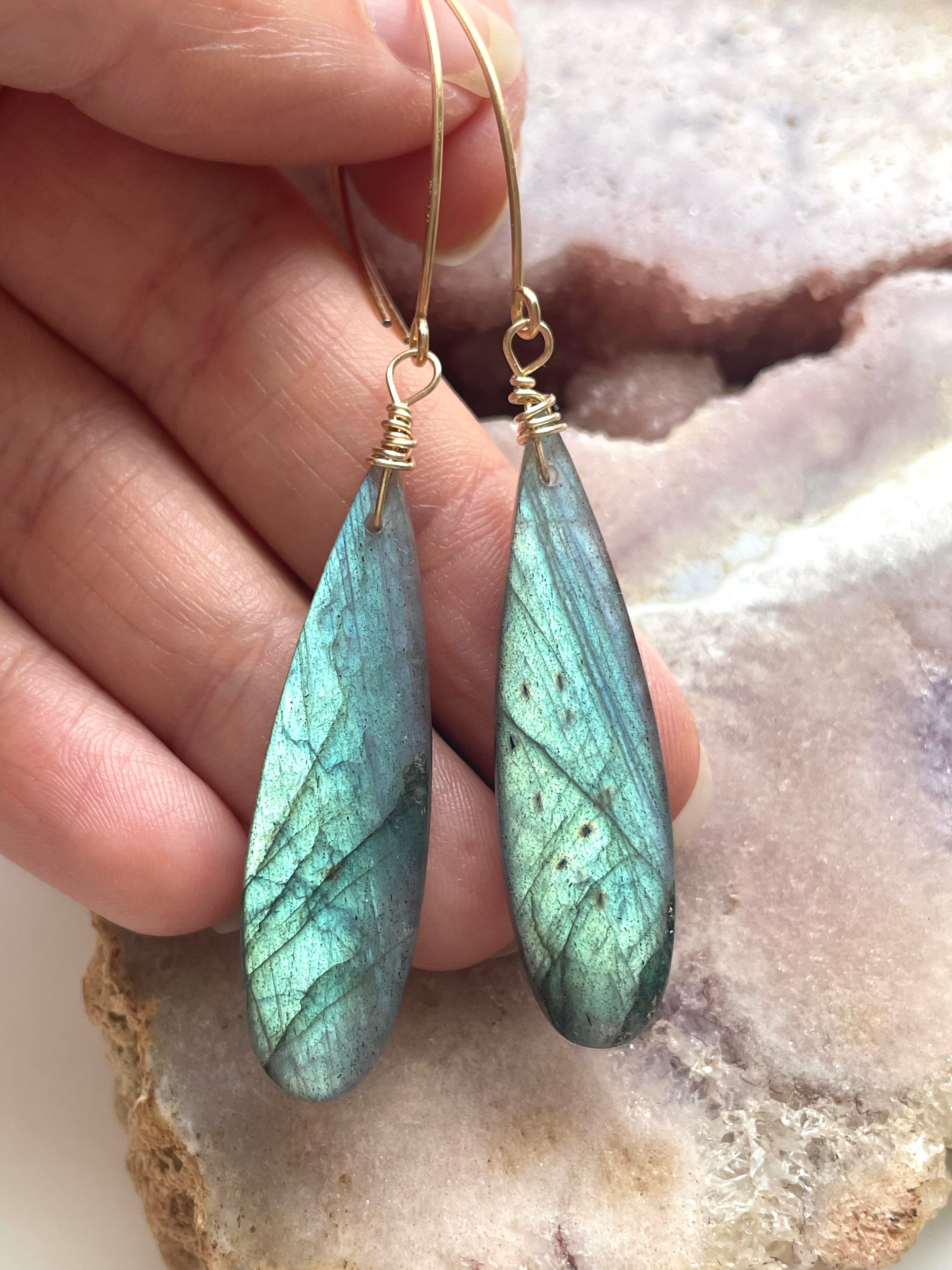 Gold Labradorite Dangle Drop Crystal Earrings for Women | Elegant Gemstone Jewelry Gift for Birthday, Party & Special Occasions