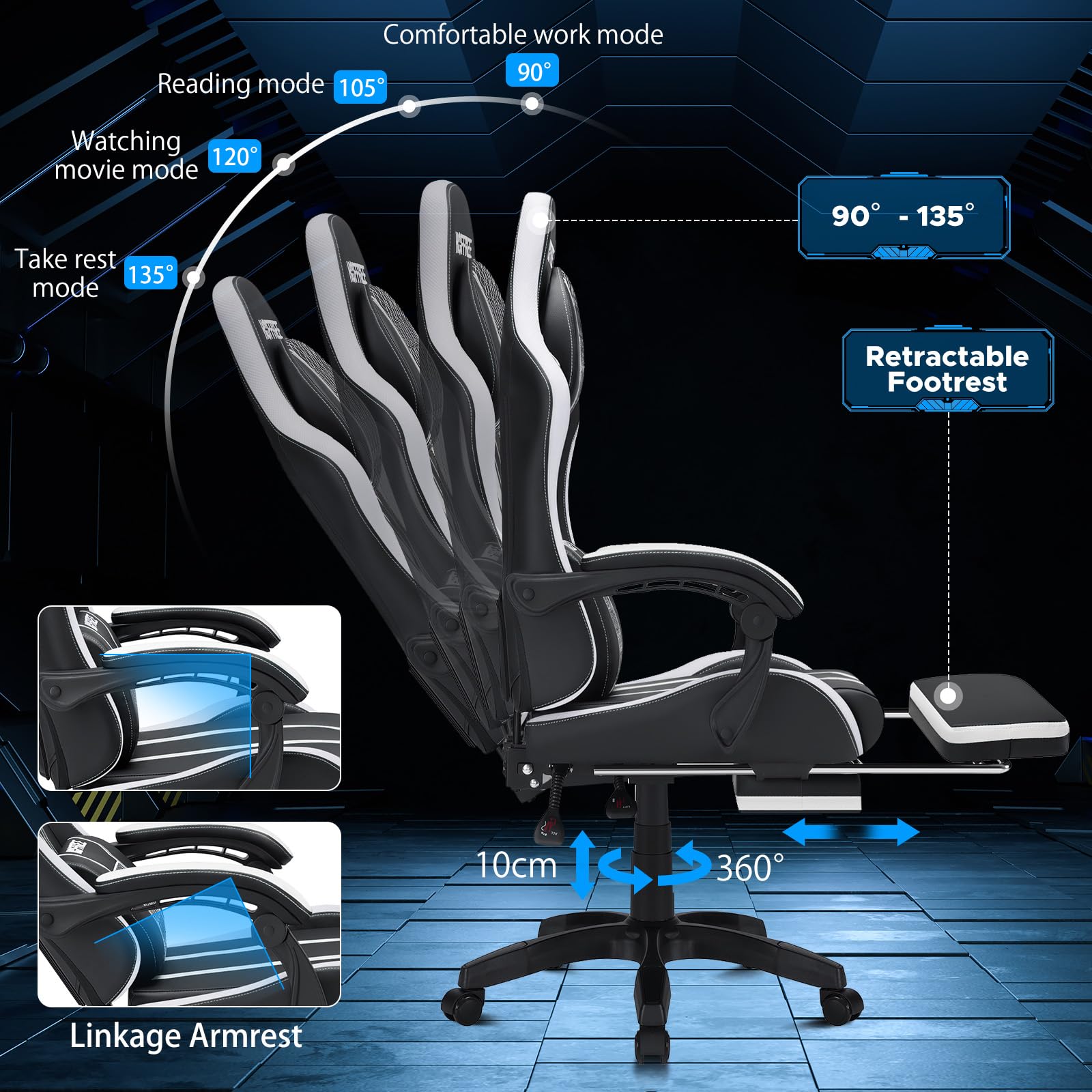 HOFFREE Ergonomic Gaming Chair with Massage & Footrest - Big and Tall Reclining Computer Chair for Adults up to 400lbs - White & Black - Perfect for Long Gaming Sessions, Office Work & Home Entertainment