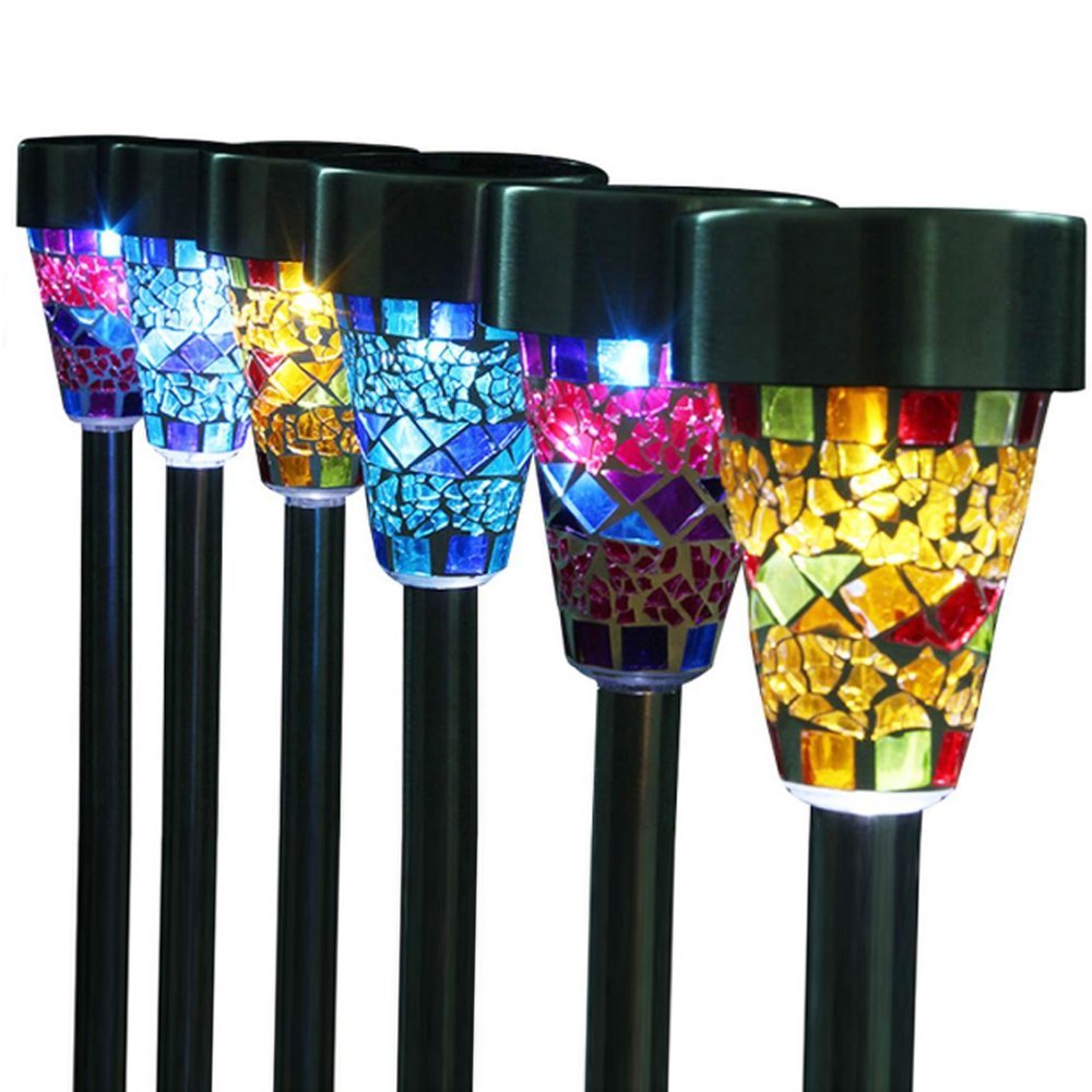 Solar Mosaic Border LED Pathway Lights - 6 Pack Outdoor Garden Decor with ON/OFF Switch - Waterproof Landscape Lighting for Walkways, Patio, Yard & Christmas Decoration