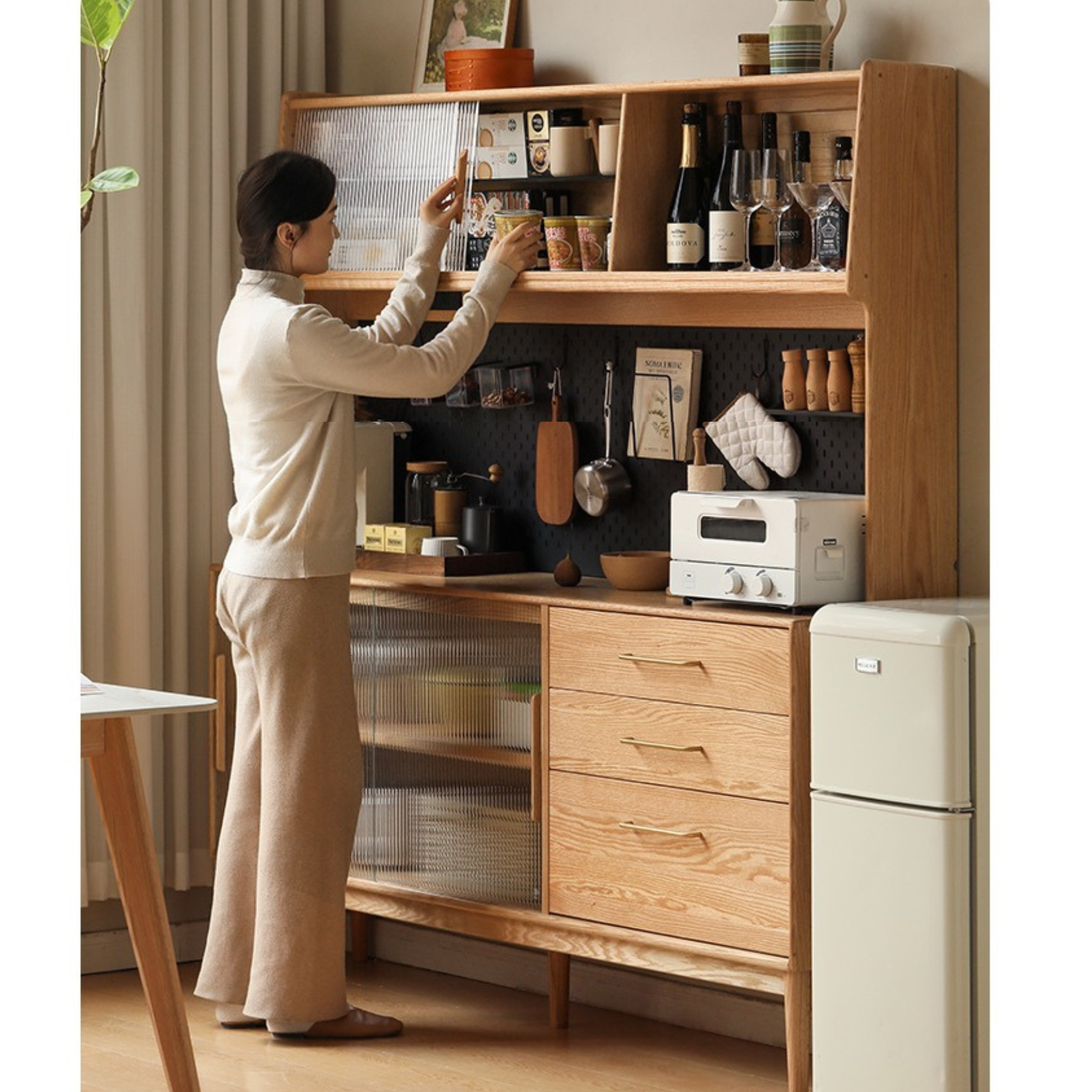 Solid Oak Wood Modern Multifunctional Sideboard - Buffet Cabinet for Dining Room, Living Room Storage & Entryway Organizer
