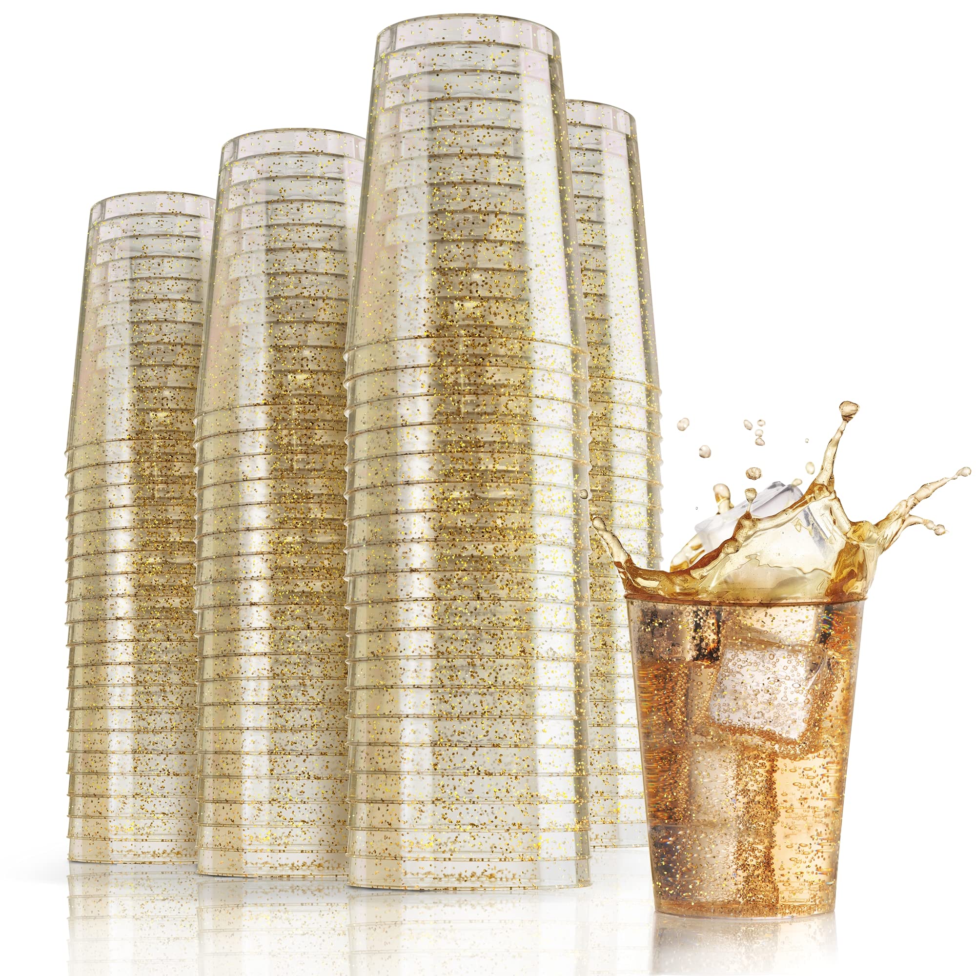 120-Pack 10 oz Gold Glitter Clear Plastic Cups - Disposable Tumblers for Wedding, Party & Events - Reusable Hard Plastic Drinkware for Cocktails, Wine, Beverages - Perfect for Celebrations, Bridal Showers & Outdoor Gatherings