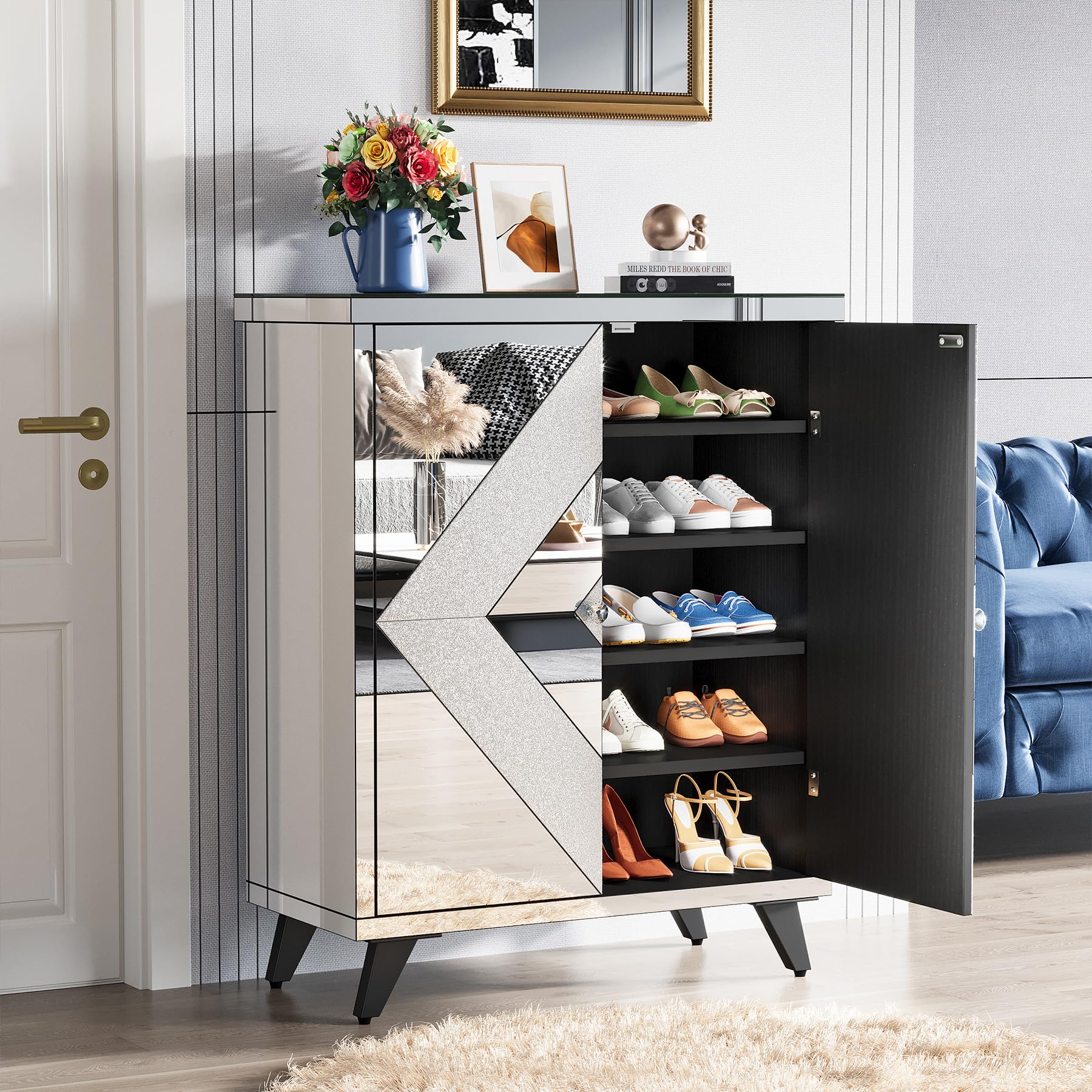 Tribesigns Modern Glass Shoe Storage Cabinet with Mirrored Doors & Crystal Crush Diamond Design - Entryway Shoe Organizer for Hallway, Closet, Bedroom (Perfect for Small Spaces & Home Decor)