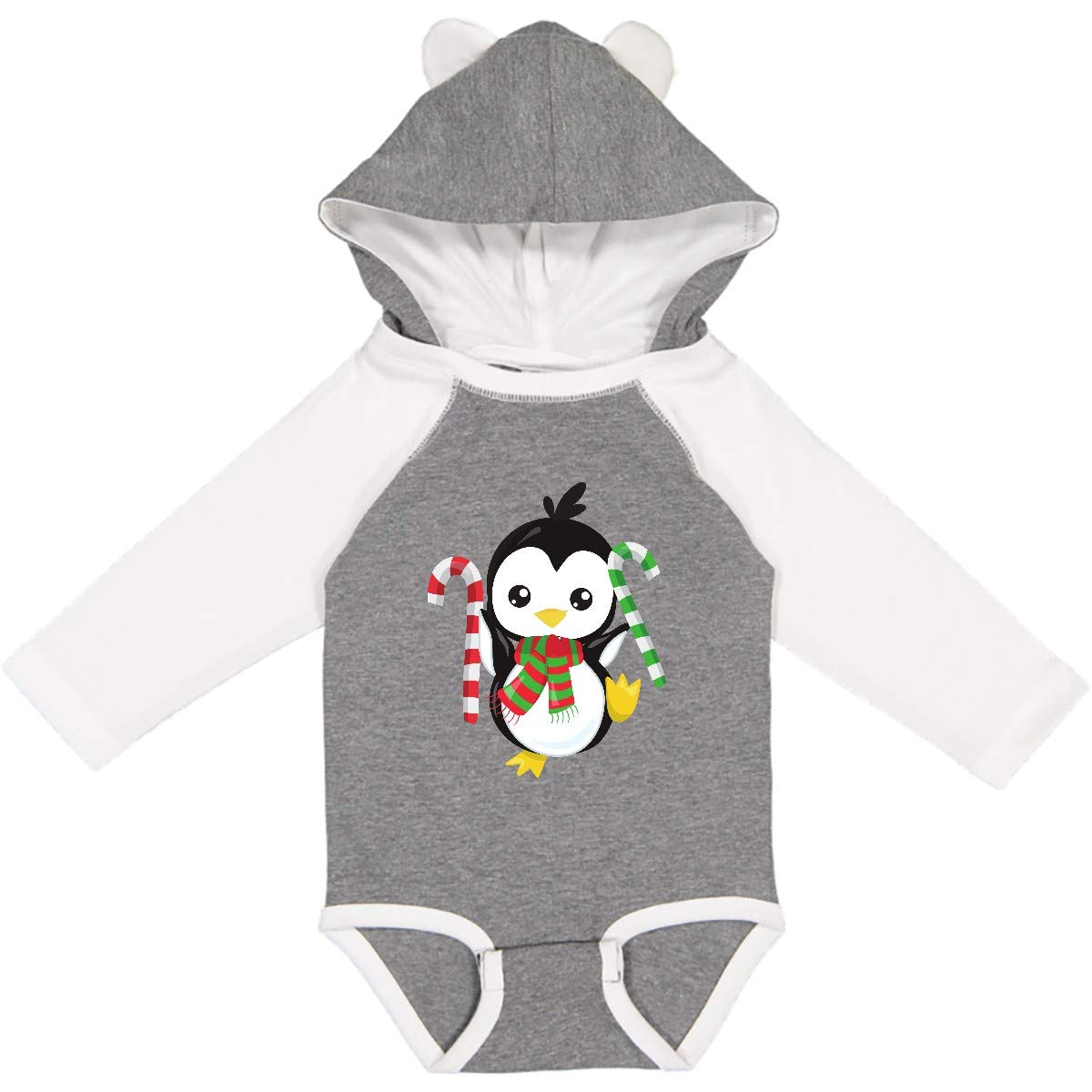 Inktastic Christmas Penguin Baby Bodysuit - Cute Penguin with Scarf & Candy Cane Print Long Sleeve Creeper for Holiday Photos & Family Gatherings