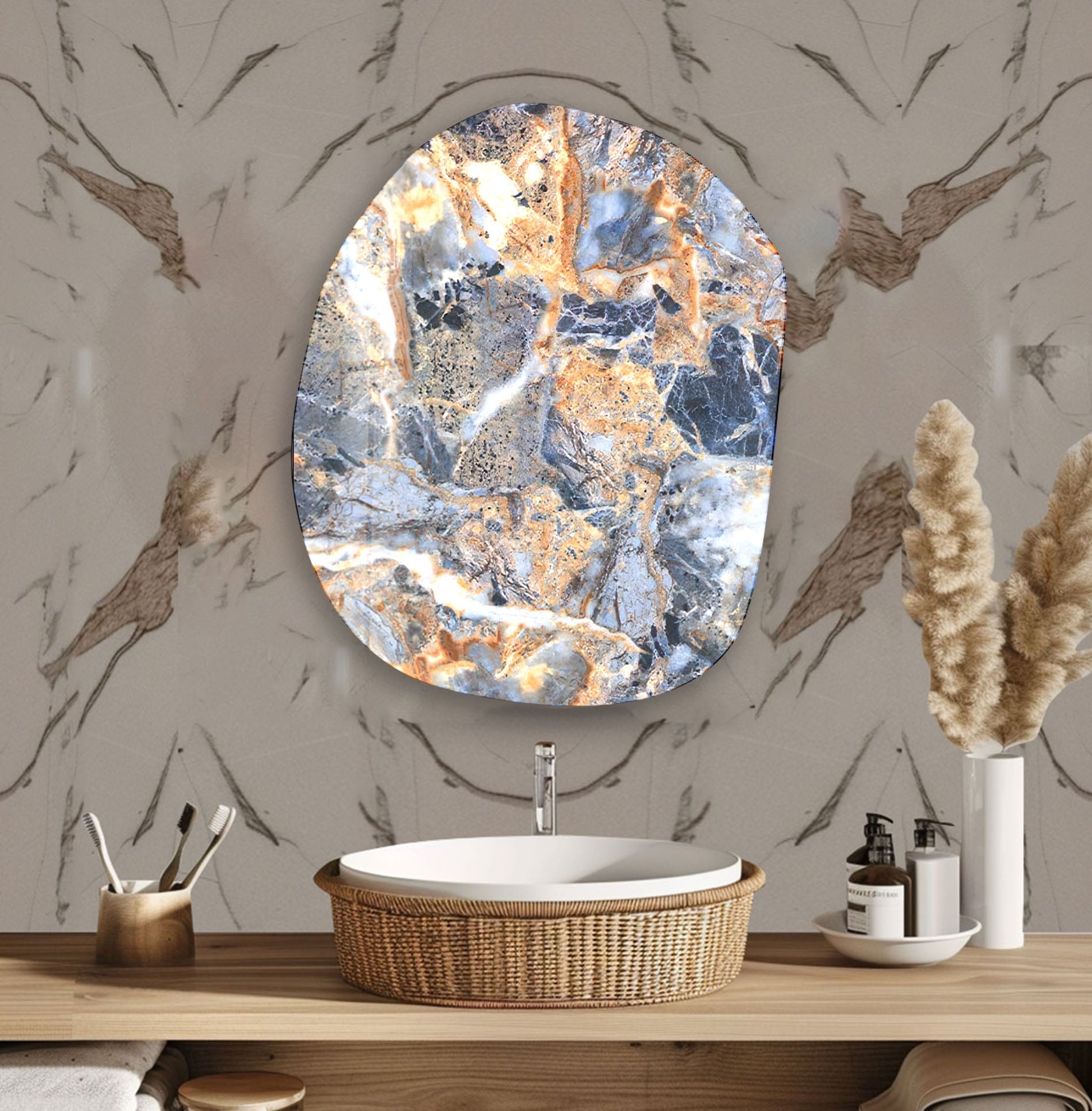 Blue Marble Printing Oval Glass Wall Art - Handmade Modern Home Decor for Living Room, Bedroom & Office - Perfect Gift for Housewarming & Holidays