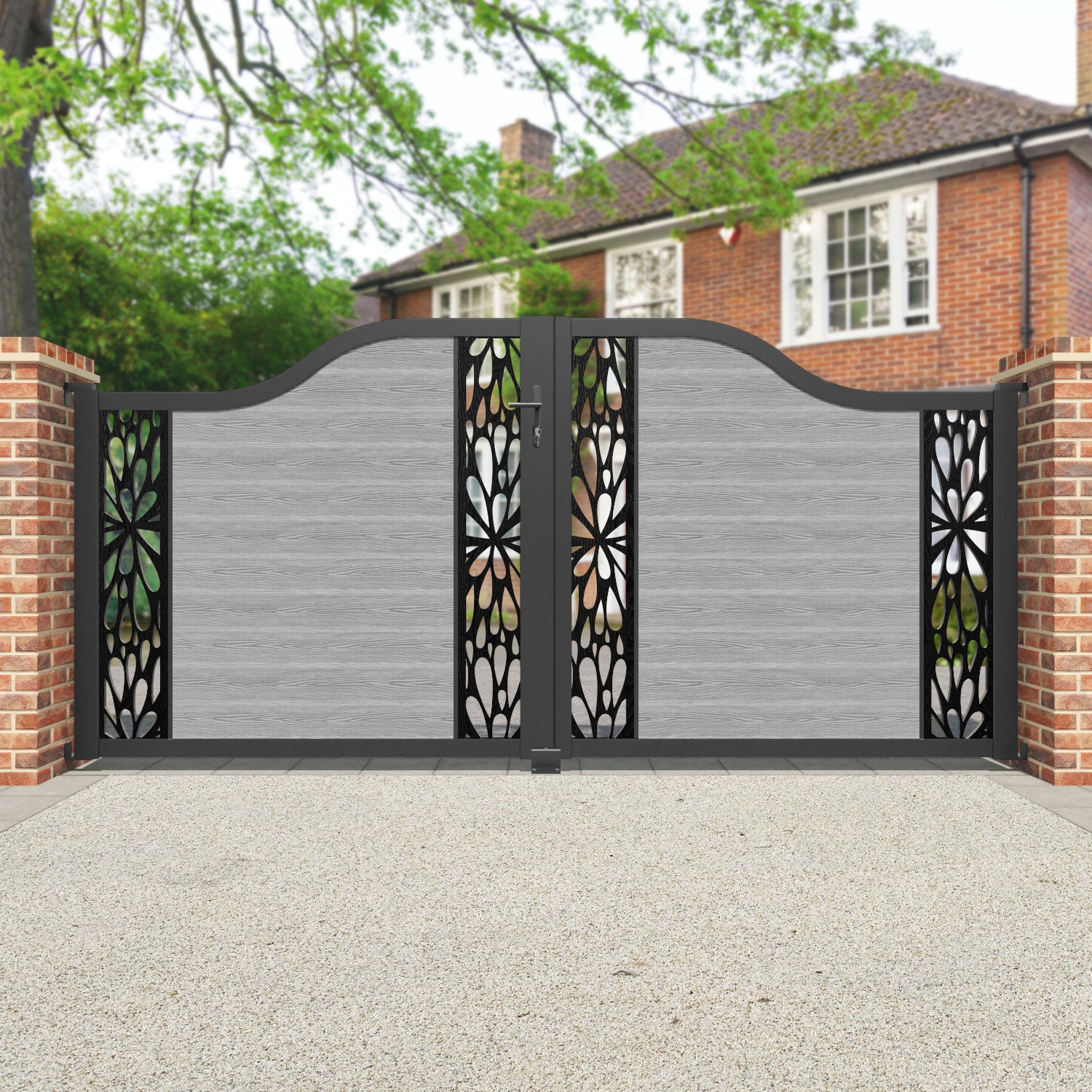 Classic Blossom Curved Top Driveway Gate - Light Grey Steel Fence with Middle & End Screen Panels | Elegant Security Solution for Residential Homes, Gardens & Commercial Properties