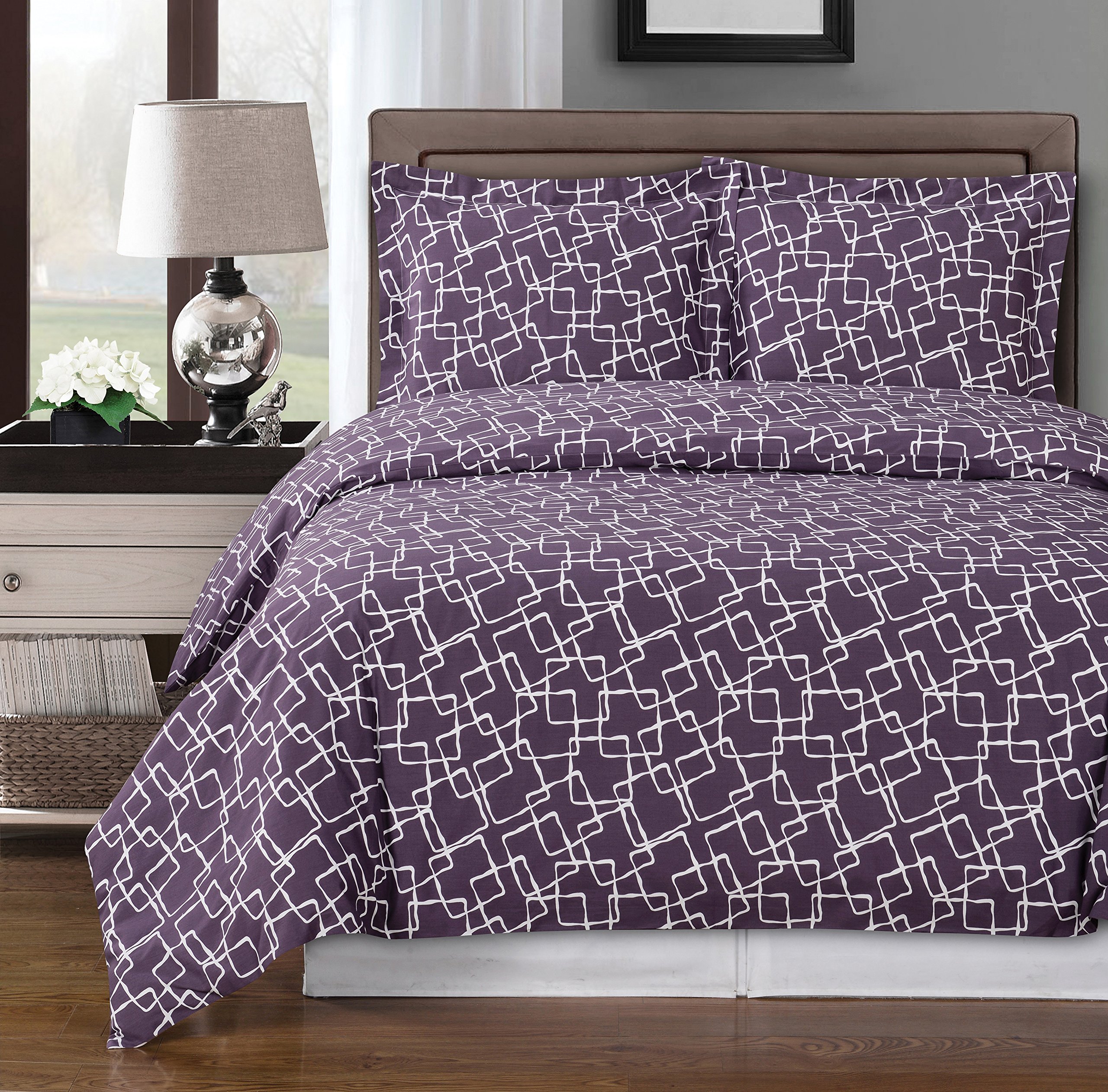 Royal Tradition Purple and White Eva 3-Piece King/Cal-King Comforter Cover Set - 100% Cotton 300 Thread Count - Luxury Bedding for Master Bedroom & Guest Room Decor
