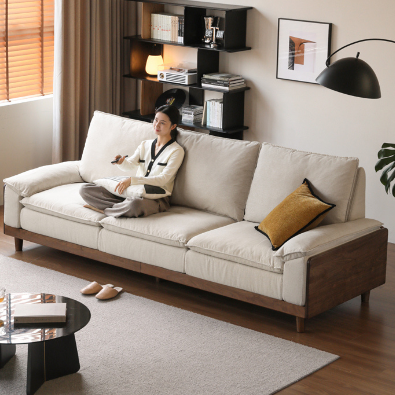 Premium Black Walnut & Ash Solid Wood High Back Sofa - Modern Farmhouse Living Room Furniture for Comfortable Seating & Relaxation - Perfect for Home, Office, or Lounge Areas