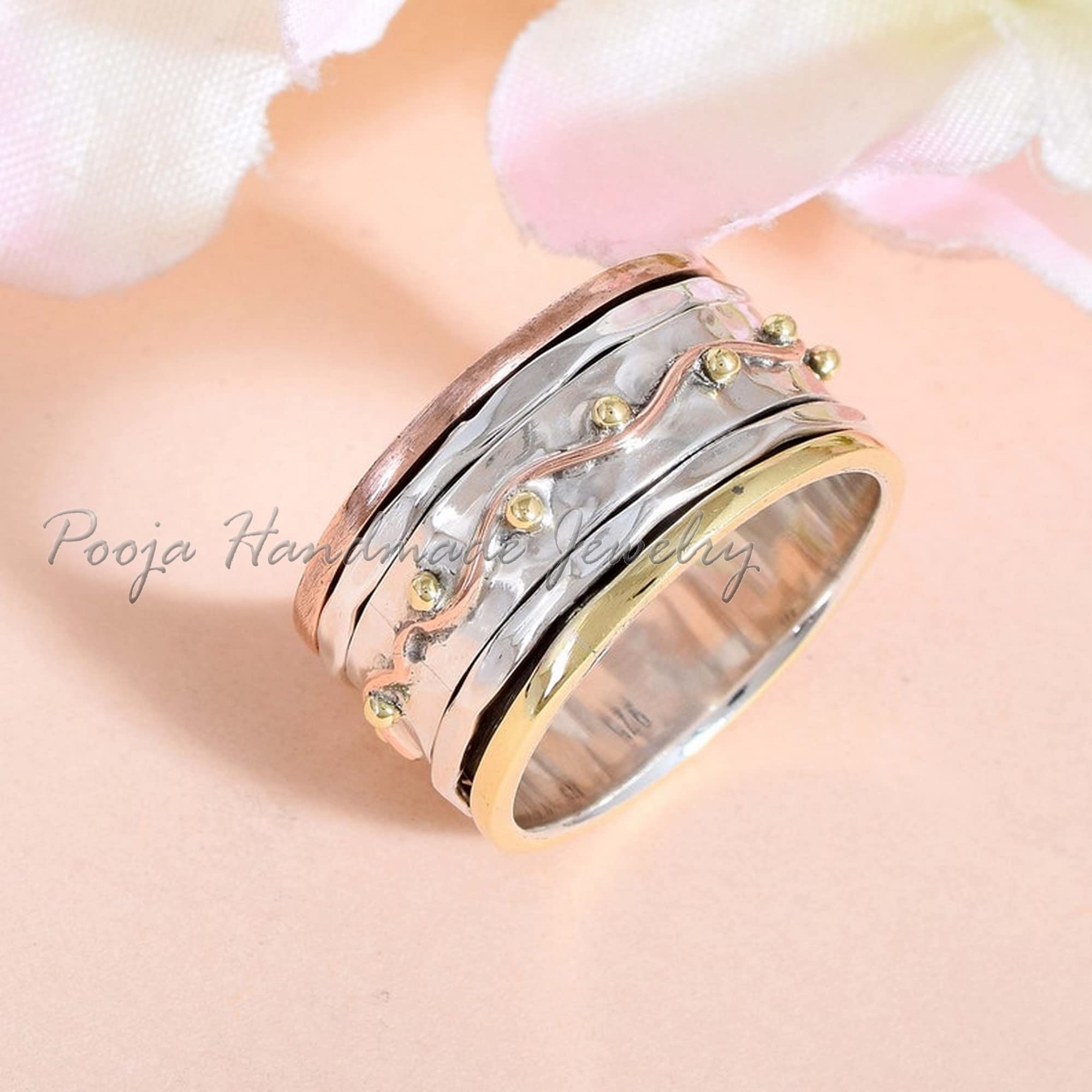 925 Sterling Silver Spinner Ring for Women - Handmade Brass & Copper Fidget Jewelry, Stress Relief Meditation Ring, Valentine's Day Gift for Her - Perfect for Anxiety Relief, Office Focus & Relaxation