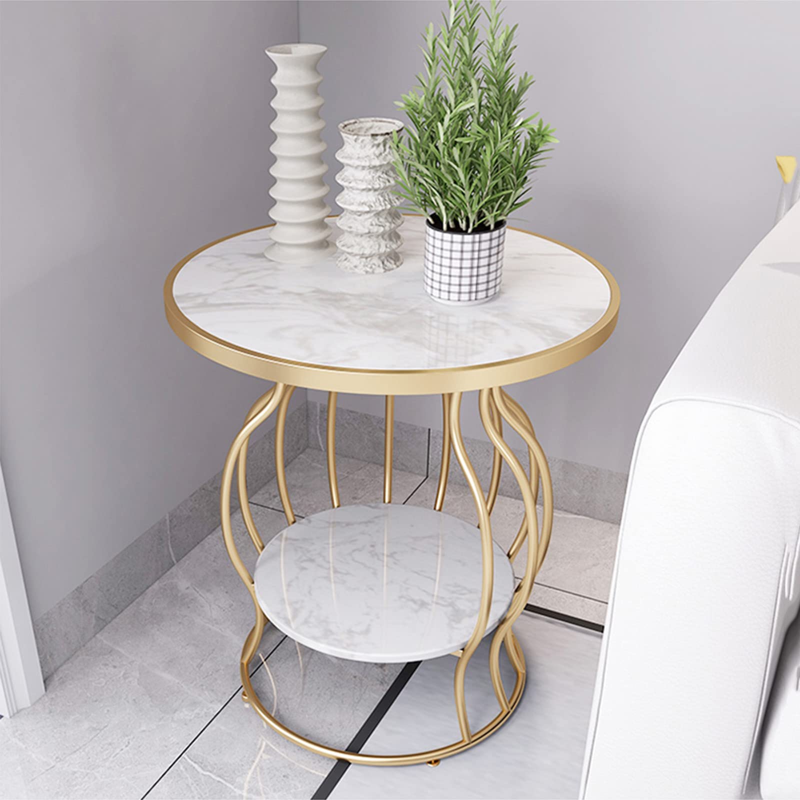 Modern Round Coffee Table with Faux Marble Top & 2-Tier Storage Shelf - Black Living Room Sofa Table for Small Spaces, Home Decor, Apartment Furniture | Perfect for Coffee, Books & Remote Storage