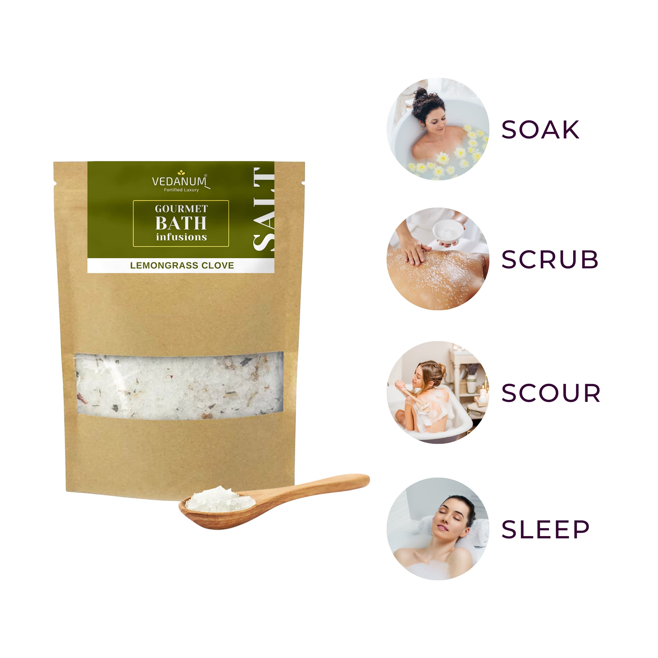 Vedanum Fortified Aromatic Epsom Bath Salt with Lemongrass & Minerals - 1KG for Skin Therapy, Foot Massage, Stress Relief & Muscle Pain | Relaxing Bath Soak for Headache Relief & Self-Care Routine
