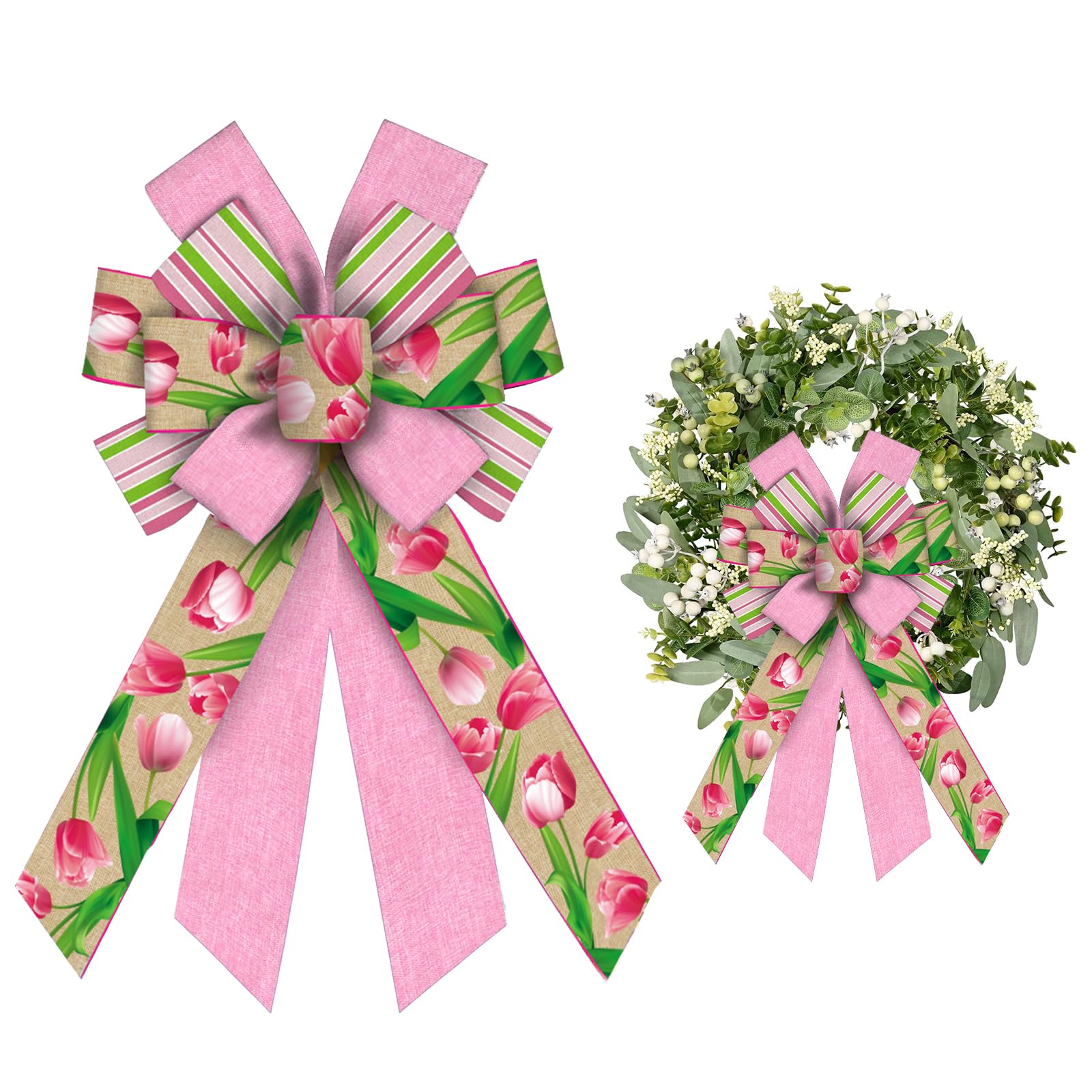 Pink Tulip Spring Wreath Bows - Large Burlap Bows for Indoor/Outdoor Door Decor