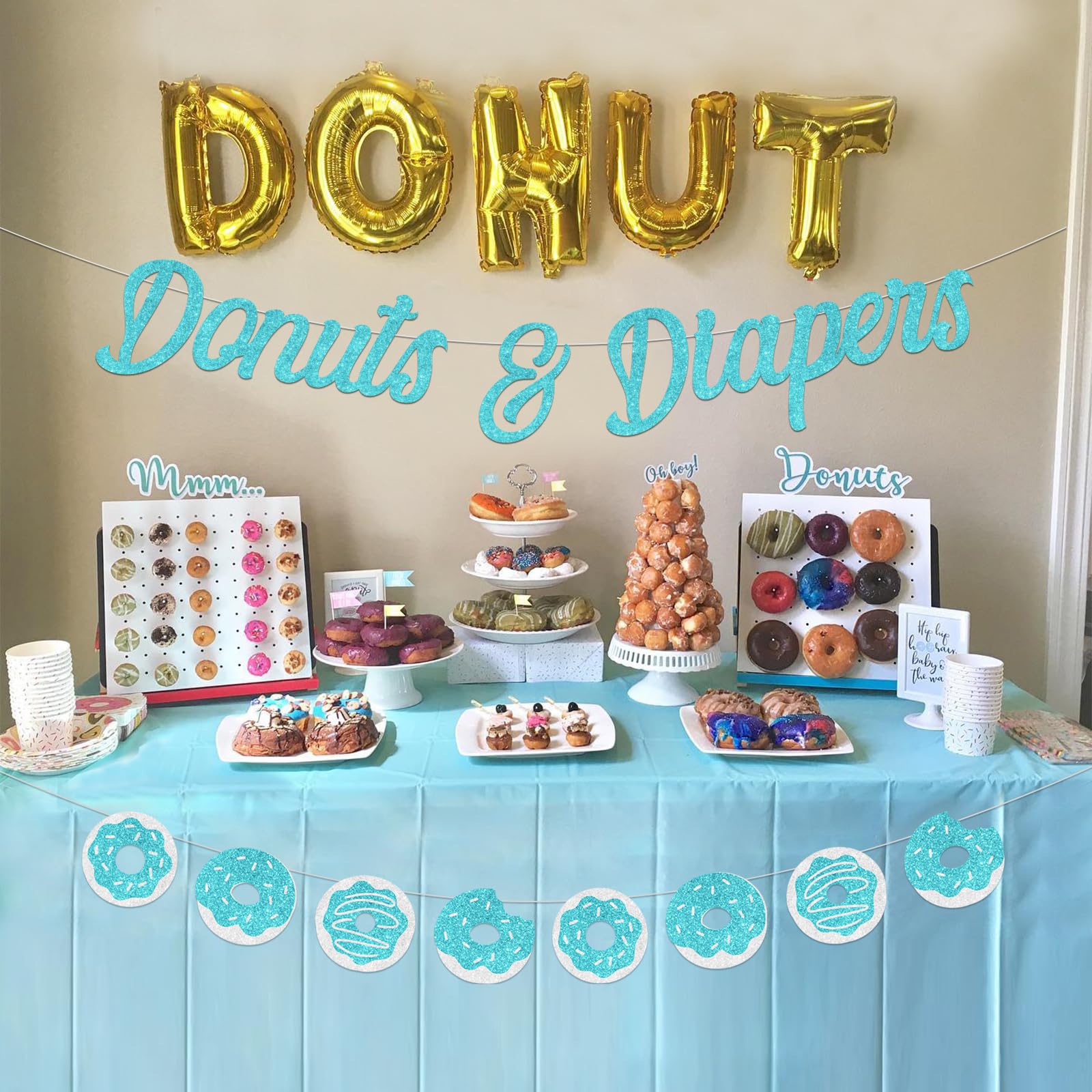 Donut Baby Shower Decorations Set - Diaper Donut Banner Garland in Teal for Gender Neutral Baby Sprinkle Parties | Perfect for Nursery Decor & Newborn Celebration