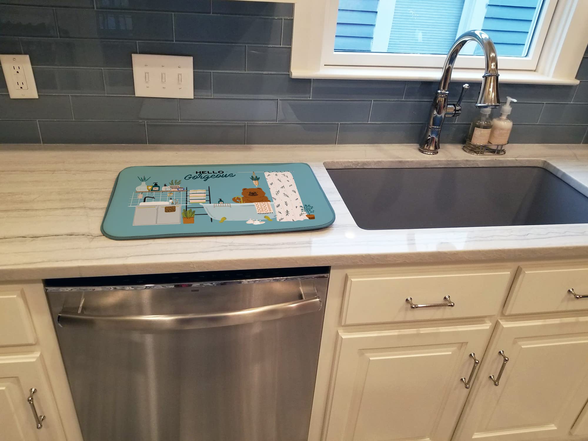 Red Chow Chow Dish Drying Mat - Absorbent Kitchen Counter Mat for Dishes, 14x21