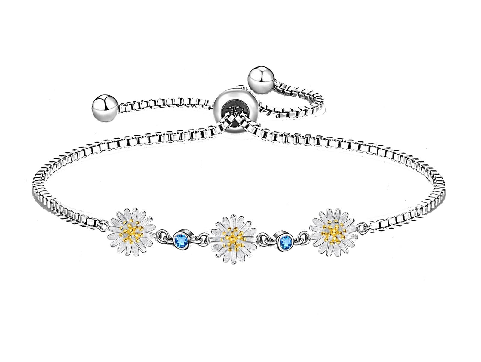 Kaguya Sterling Silver Daisy Bracelet for Women - Adjustable Infinity Bracelet with Blue Zirconia Blossom, Dainty Friendship Jewelry Gift for Her - Perfect for Birthday, Anniversary & Everyday Wear