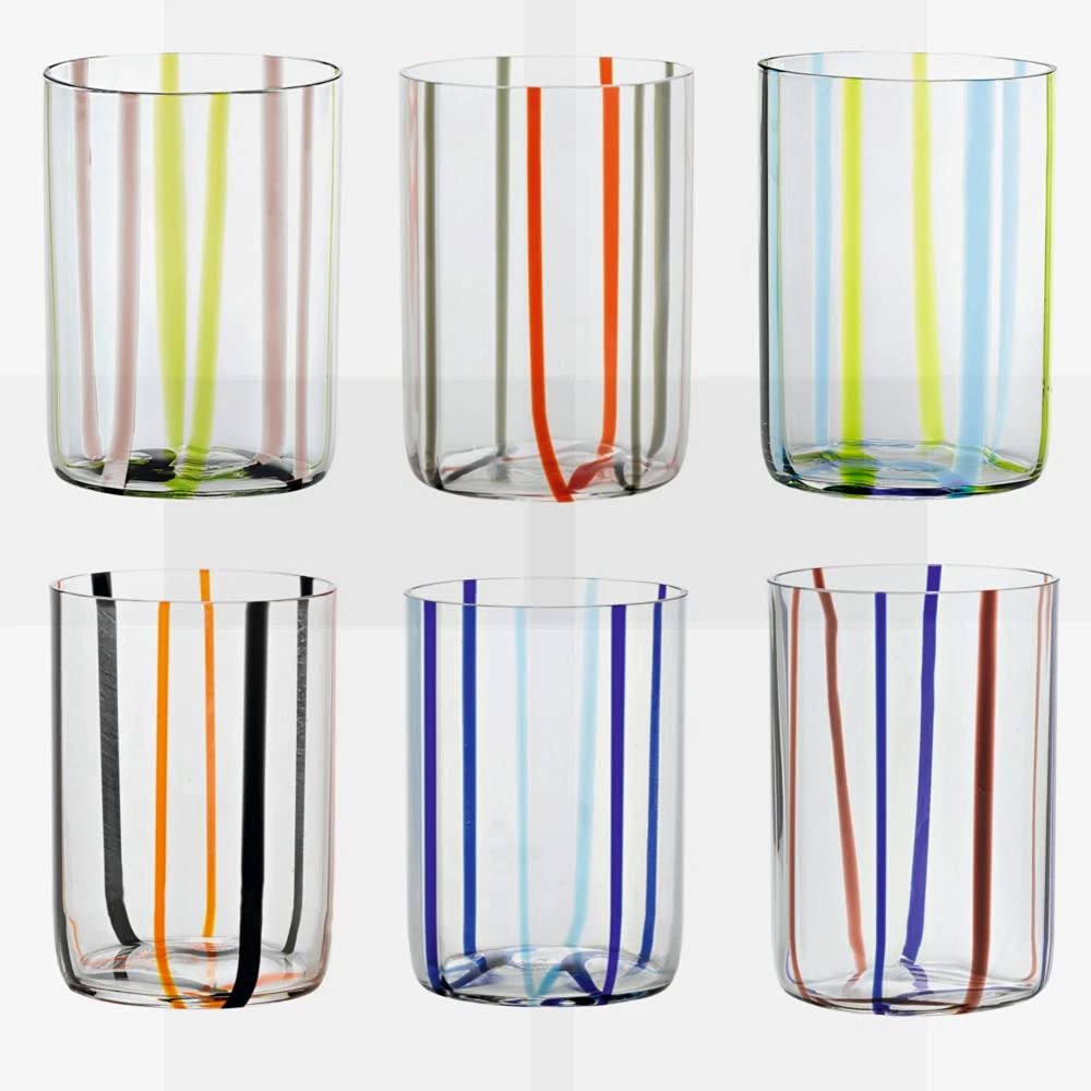 Premium Zafferano Tirache Tumbler Set - 6 Colorful Glass Water Cups for Home, Office & Outdoor Use - Durable Drinkware for Iced Tea, Juice & Cocktails