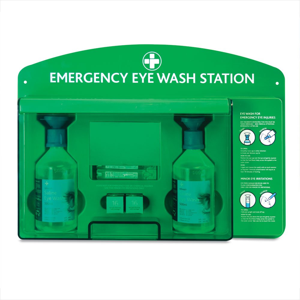 Reliance Medical Eye Wash Station - Emergency Eye Wash Kit with LED Light, 500ml Saline Solution & Eye Bandage for Workplace, Lab, and First Aid Safety