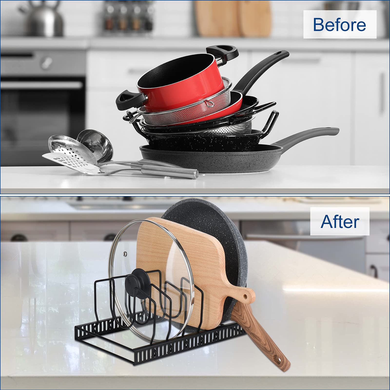 Toplife Adjustable 7+ Lids Organizer Rack and 10+ Bakeware Organizer Set - Space Saving Kitchen Cabinet & Counter Storage Solution for Pots, Pans, Lids and Baking Sheets - Perfect for Small Kitchens and Organized Cooking