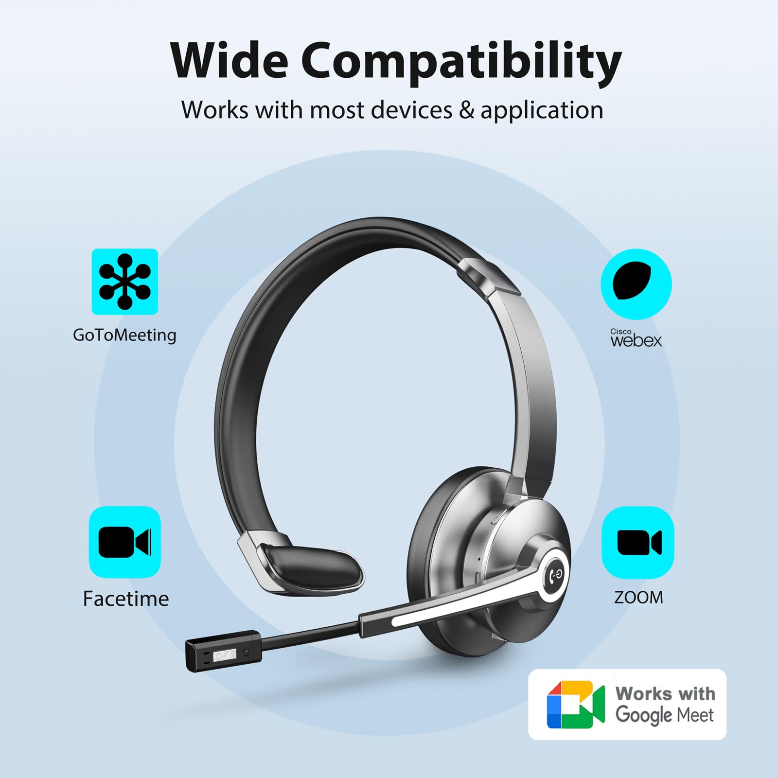 Wireless Bluetooth Headset with Noise Canceling Microphone & USB Dongle - Comfortable Office Headphones with Charging Base & Mute Button for Call Center, Truck Drivers, Remote Work & Business Meetings