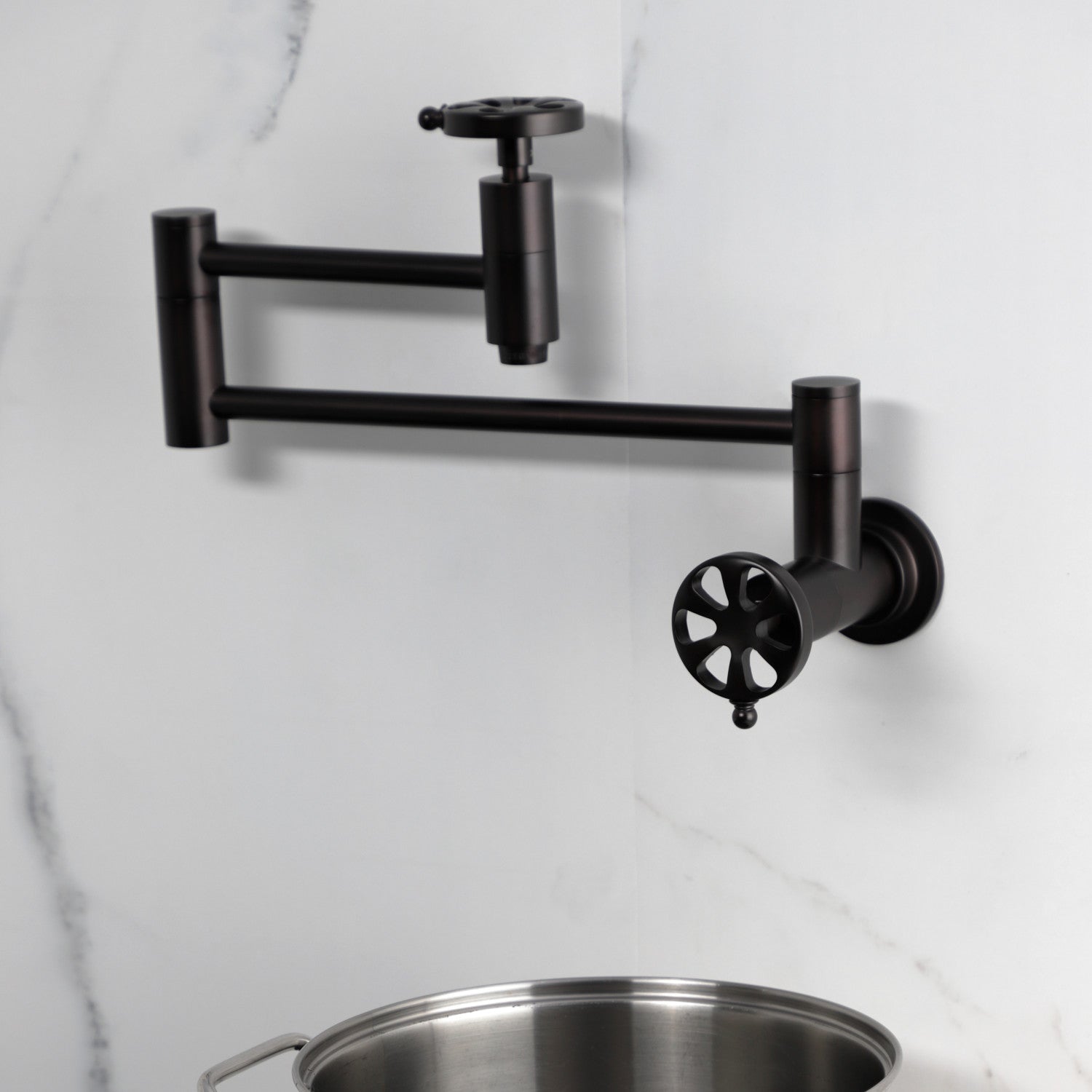 Belknap KS8105RX Oil Rubbed Bronze Wall Mounted Two Handle Pot Filler Faucet - Perfect for Kitchen Sink, Stove & Cooking Area