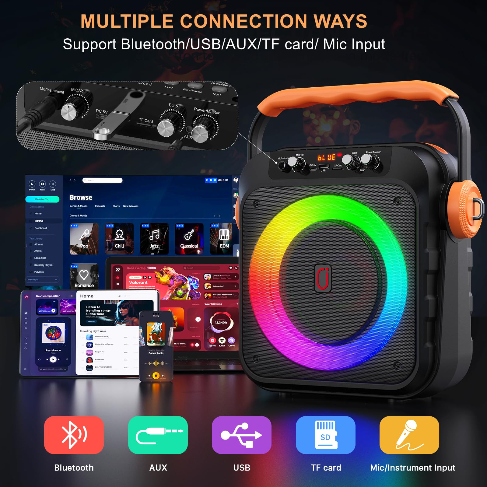 Portable Bluetooth Karaoke Machine with 2 Wireless Microphones, 6.8