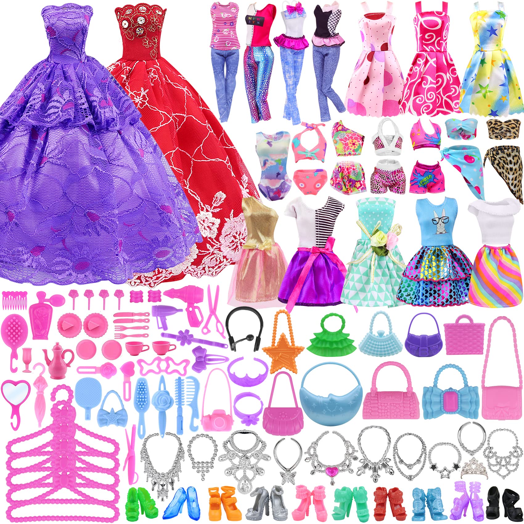 Ecore Fun 120 Pcs Fashion Doll Wardrobe Set - Doll Clothes Storage Organizer with Dresses, Shoes, Bags, Necklace & Hangers for 11.5 Inch Girl Dolls - Perfect for Pretend Play, Birthday Gifts & Kids Room Decor