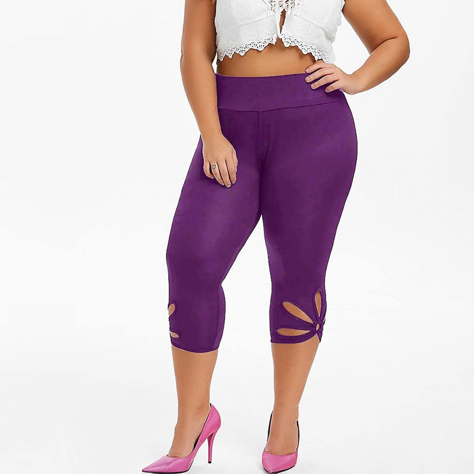 Women's Plus Size Bermuda Shorts - High Waisted Yoga Capris with Stretch & Hollow Out Design - Workout Compression Pants for Yoga, Gym & Summer Outdoor Activities