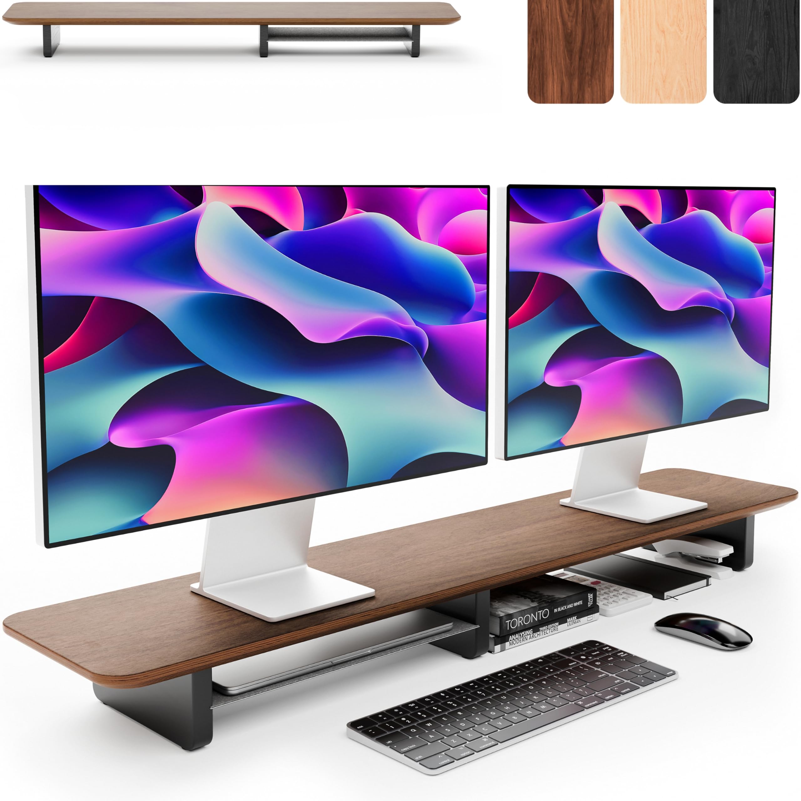 Dual Monitor Stand Riser with Metal Shelf - Walnut Wood Desk Shelf for 2 Monitors or TV - Sturdy Monitor Stand for Home & Office Workspace - Perfect for Ergonomics & Organized Desk Setup
