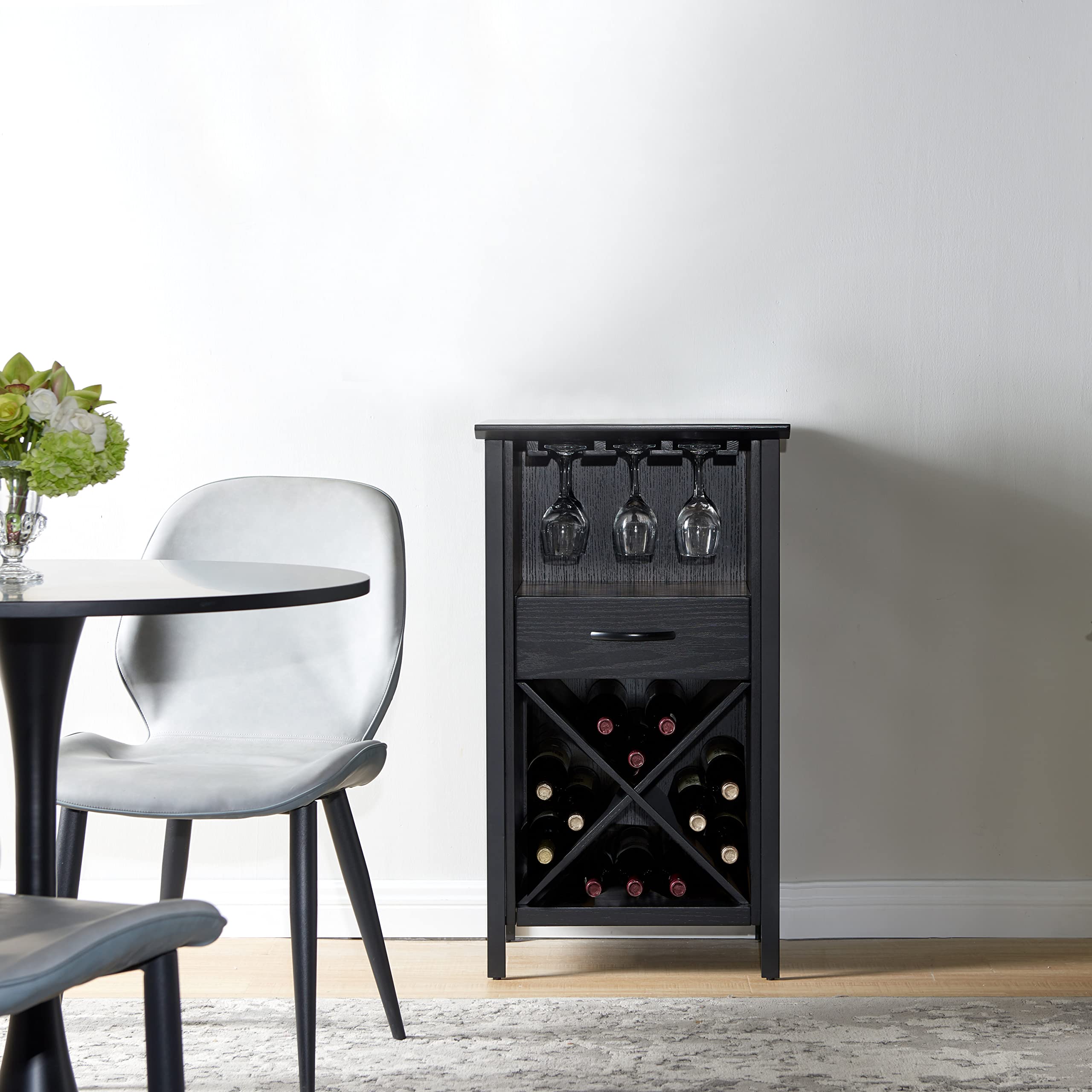 Leick Home 9500-BK Leah Mini Bar Cabinet - Black Wine Bottle & Stemware Storage Organizer for Dining Room, Kitchen, or Home Bar Decor