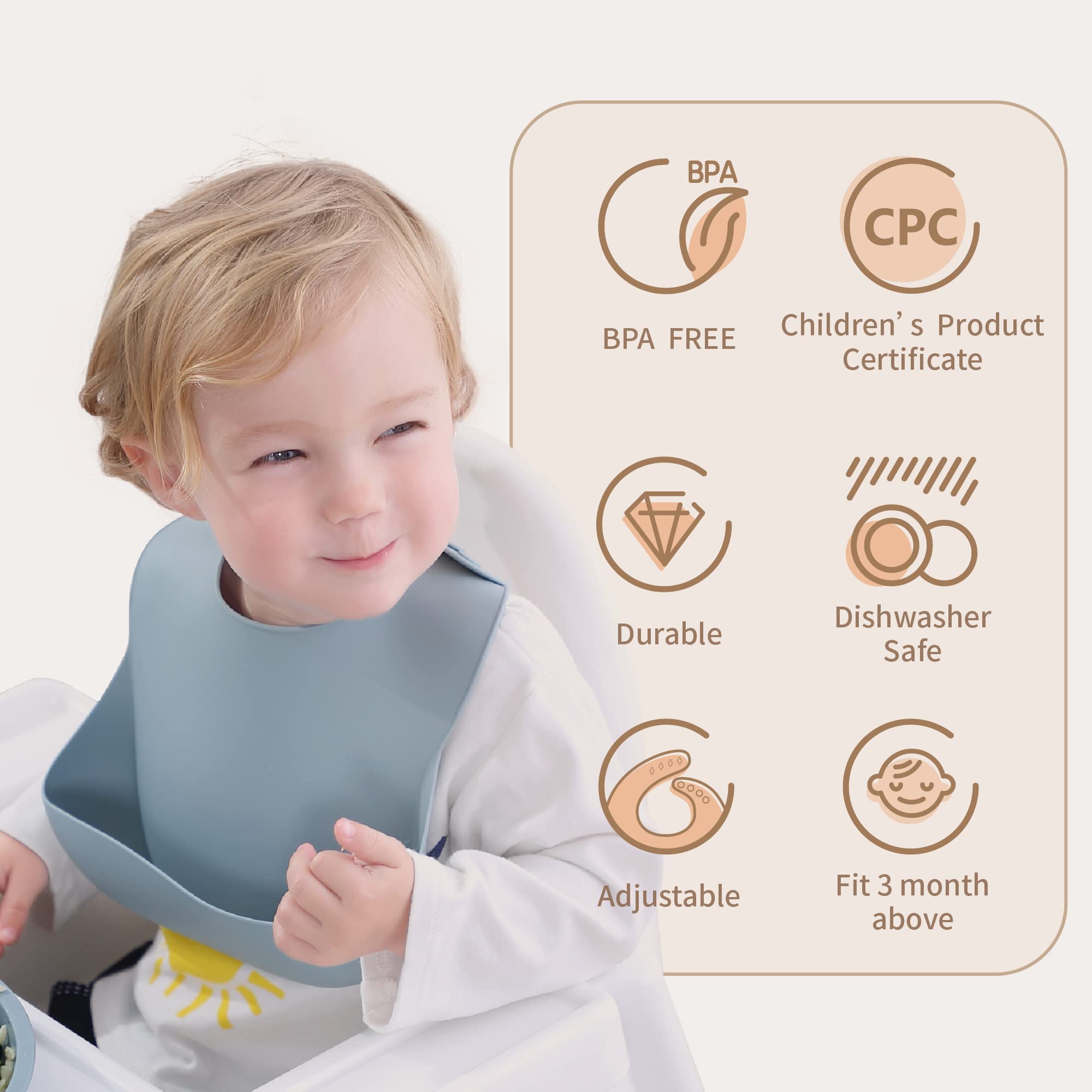 Moonkie Silicone Baby Bibs Set of 2 - BPA Free, Waterproof & Adjustable Feeding Bibs for Infants & Toddlers | Soft, Flexible & Easy to Clean | Perfect for Mealtime, Snacks & Messy Play (Dark Grey/Kodak)