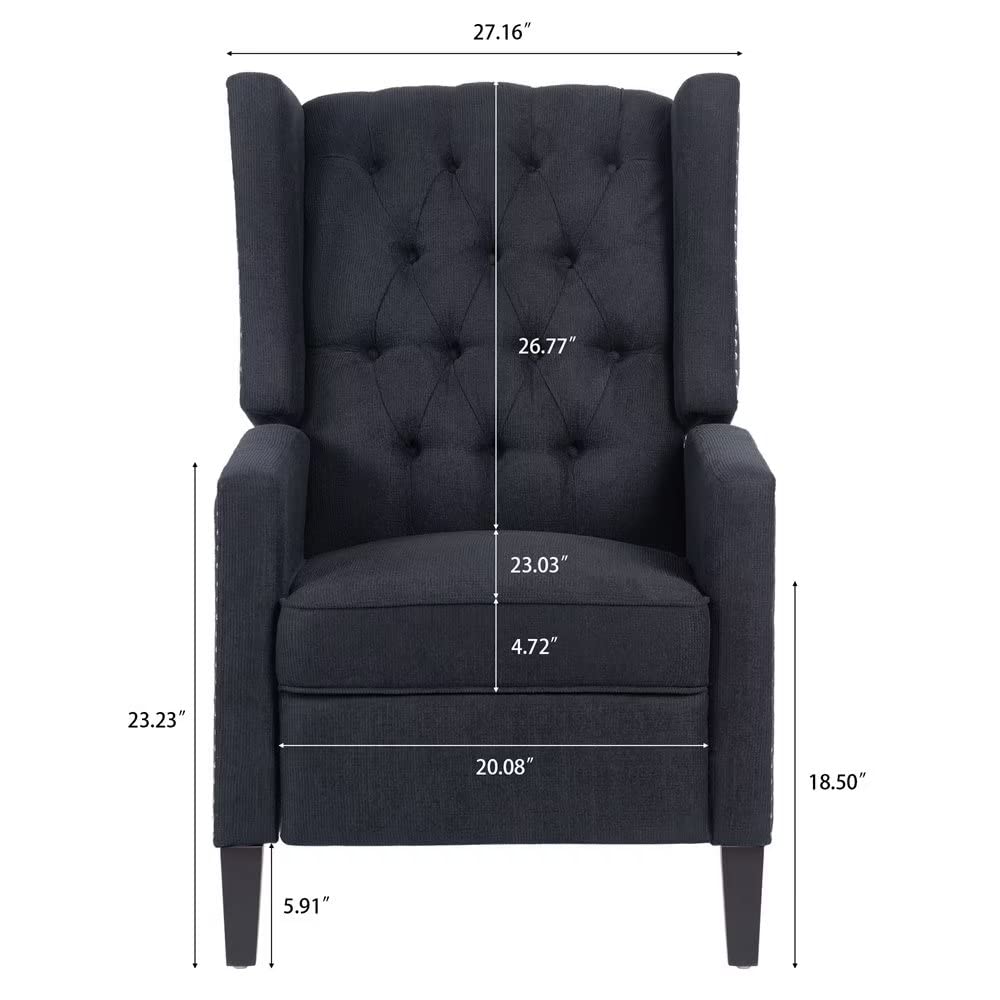 Modern Wingback Pushback Recliner Chair - Linen Upholstered Manual Recliner with Button Tufted Back, Nailhead Trim & Adjustable Backrest/Footrest - Single Sofa for Living Room, Home Theater & Relaxation (Black)