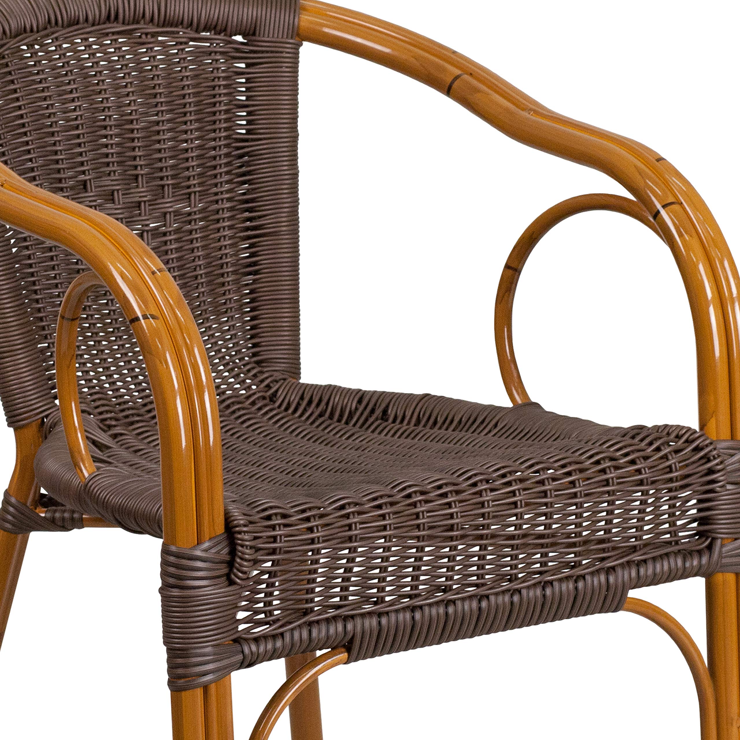 EMMA + OLIVER Dark Brown Rattan Patio Chair with Red Bamboo-Aluminum Frame - Outdoor Dining, Poolside Relaxation & Garden Decor