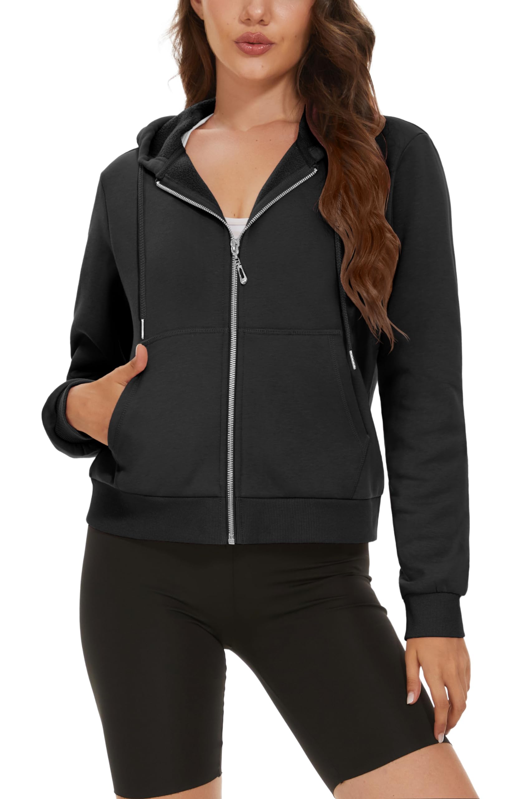 MAGCOMSEN Women's Fleece Lined Cropped Hoodie - Full Zip Up Jacket with Pockets | Soft & Warm Winter Sweatshirt for Casual Outfits, Gym, and Outdoor Activities