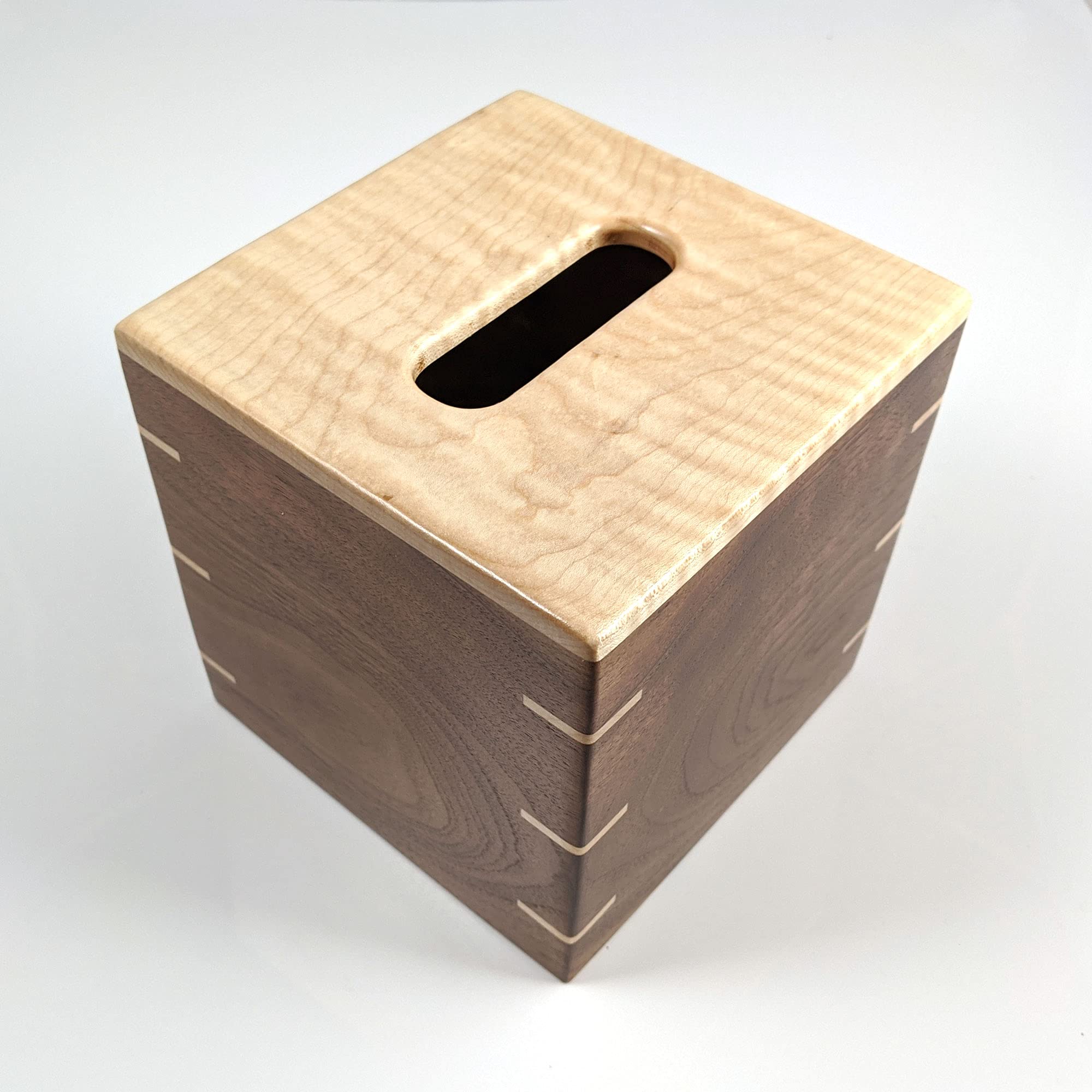 Handmade Custom Tissue Box Cover - Solid Tiger Maple Top & Texas Black Walnut Sides with Maple Splines - Boutique Square Cube Style - Perfect for Home Decor, Living Room, Bedroom & Bathroom Organization