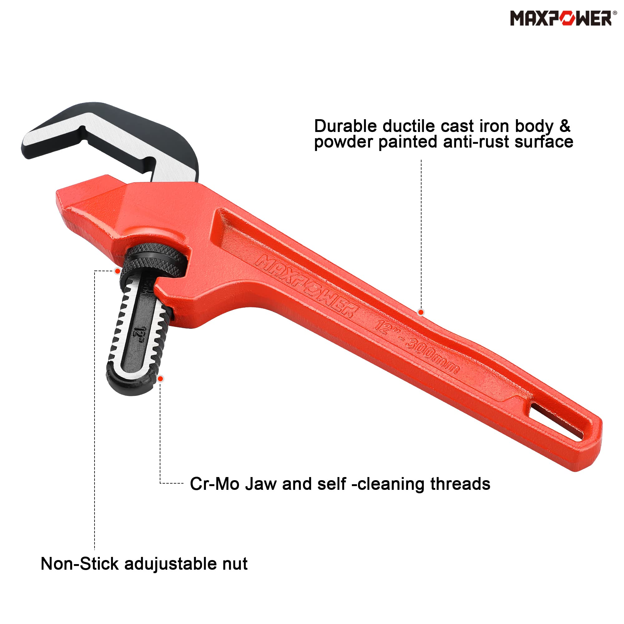 MAXPOWER 12 Inch Adjustable Offset Hex Wrench - Red Cast Iron for Automotive, Bicycle & Home Repair (Perfect for Tight Spaces & Hard-to-Reach Bolts)