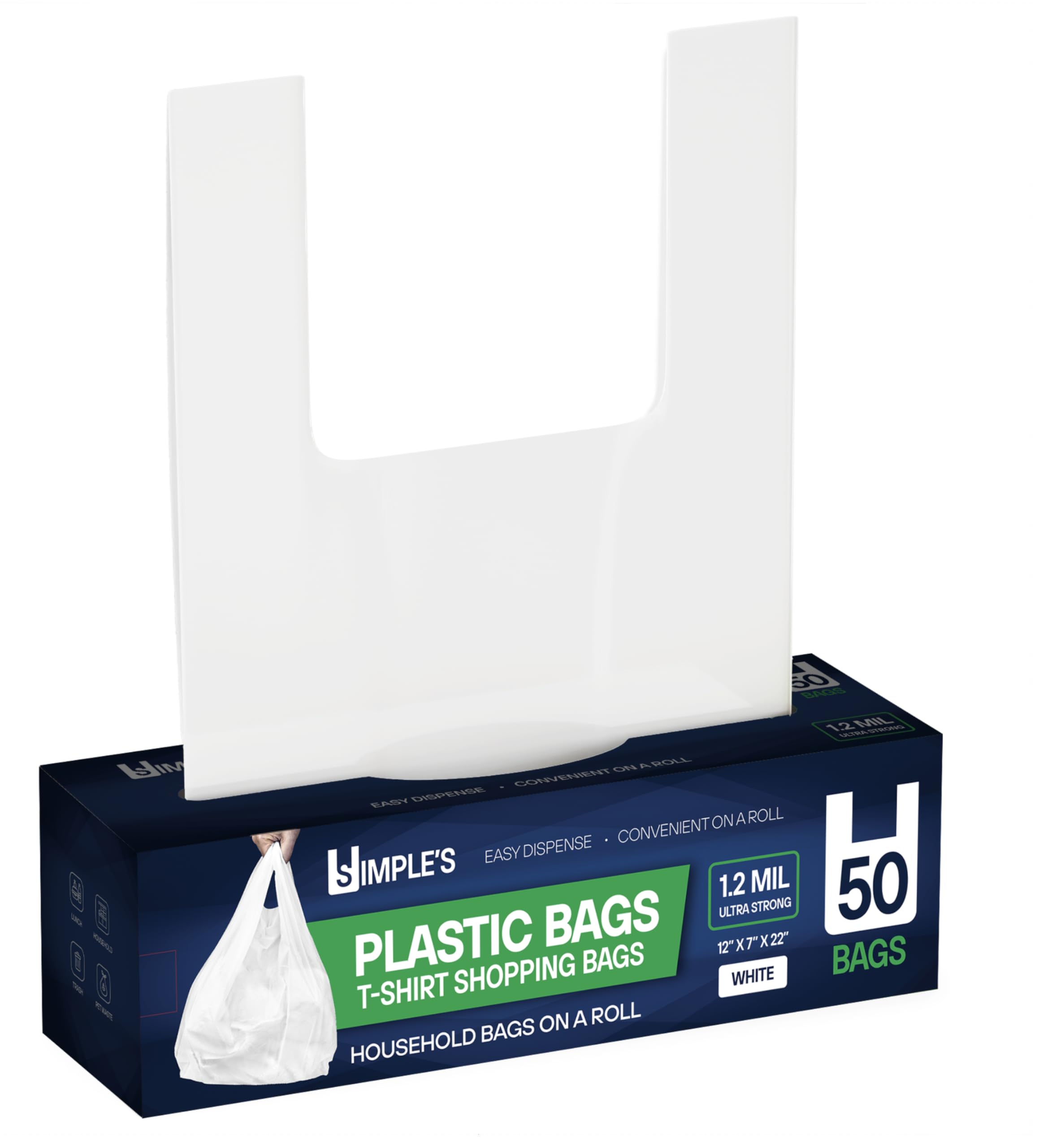Simple's Household T-Shirt Bags, 50 Count - Durable Plastic Grocery Bags for Shopping, Storage & Organization | Eco-Friendly Reusable Bags for Supermarket, Laundry & Home Use