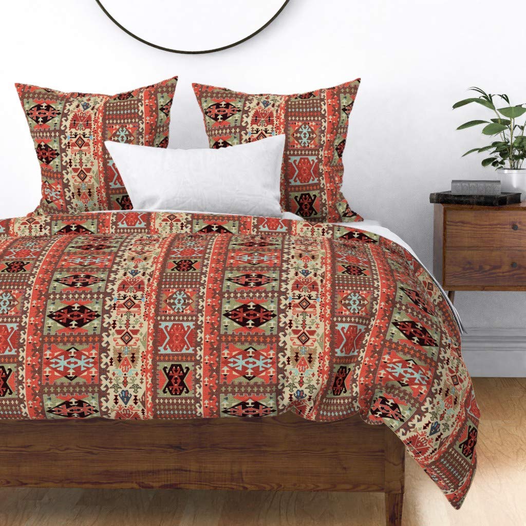 Premium Spoonflower Cotton Sateen Duvet Cover - Full/Queen Size Kilim Bold Geometric Stripes Pattern in Earth Tones | Custom Printed Bedding Set for Bohemian & Modern Bedrooms