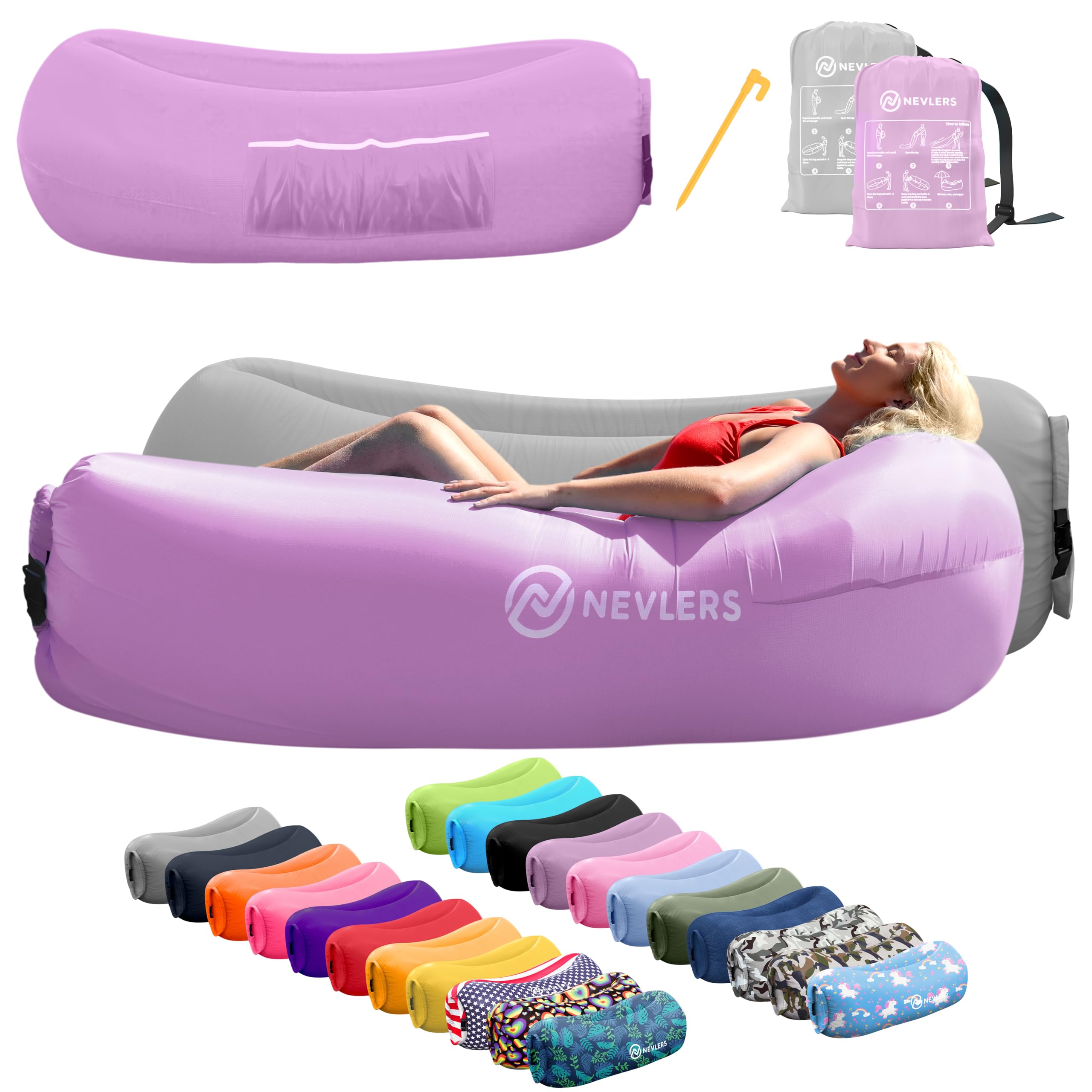 Nevlers 2 Pack Inflatable Loungers - Portable Air Sofa Couch for Beach, Camping, Travel & Outdoor Relaxation | Includes Travel Bag, Pegs & 3 Storage Pockets | Perfect for Picnics, Backyard, Poolside & Festival Seating