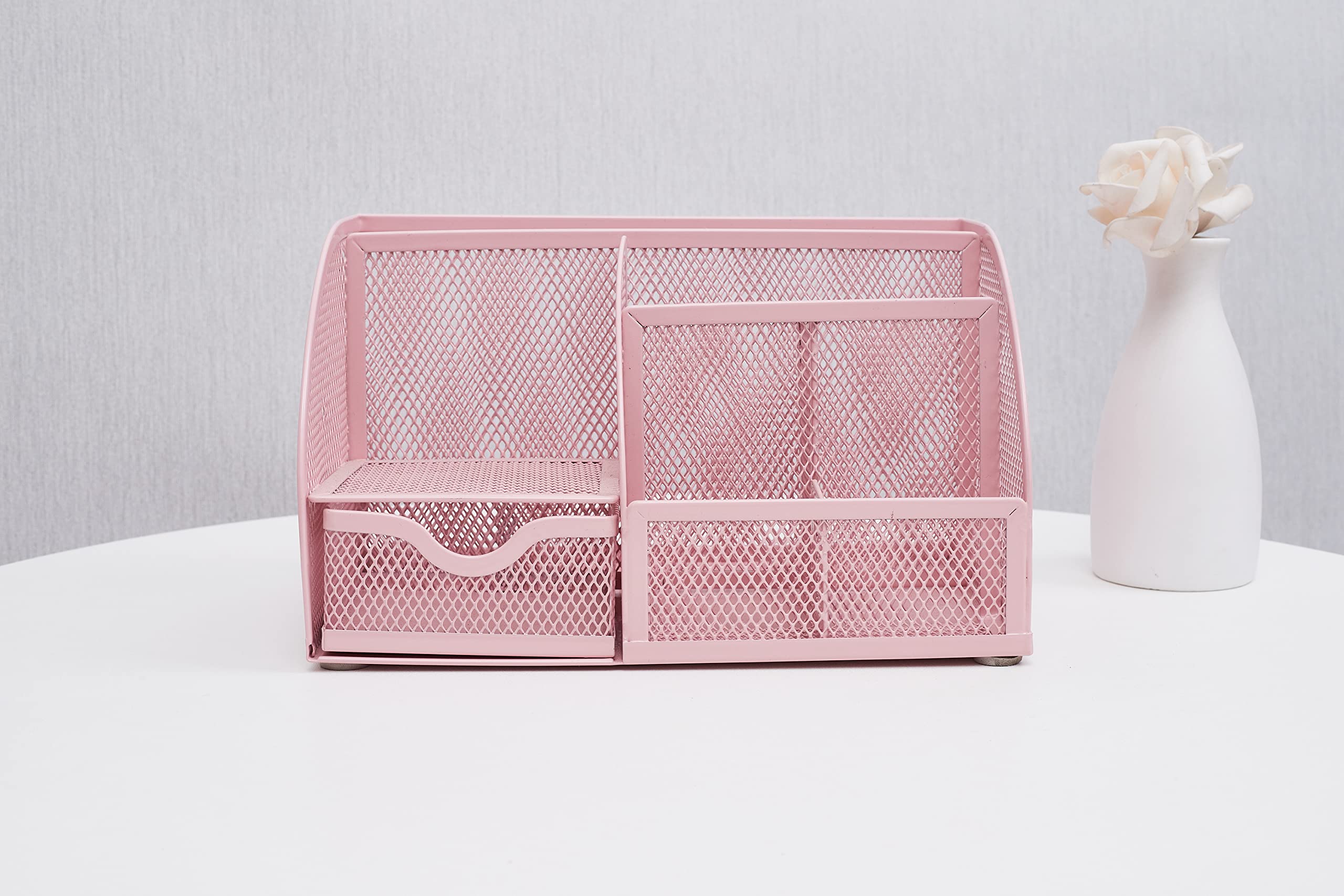 Annovo Mesh Desk Organizer with 7 Compartments & Drawer - Multifunctional Office Organizer for Pens, Candy, Supplies (Light Pink) - Perfect for Home Office, School Desk & Workspace Organization
